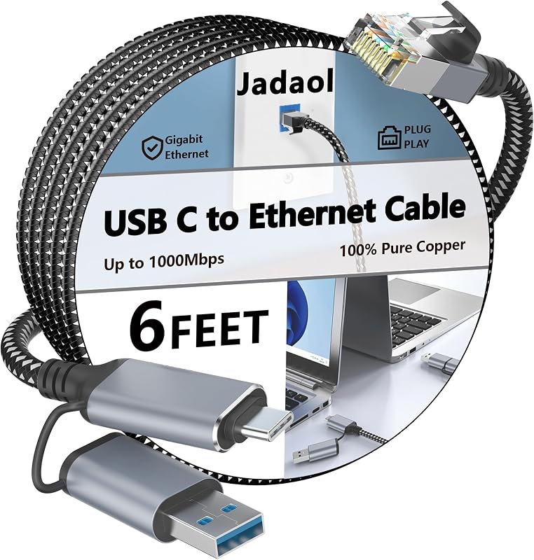 Jadaol USB-C/USB-A to Ethernet Cable 6 ft, Built-in USB-A Adapter, Up to 1Gbps Gigabit RJ45 LAN, Plug & Play for Most Systems, USB 3.0, Nylon Braided, Compatible with Thunderbolt 3/4 Device