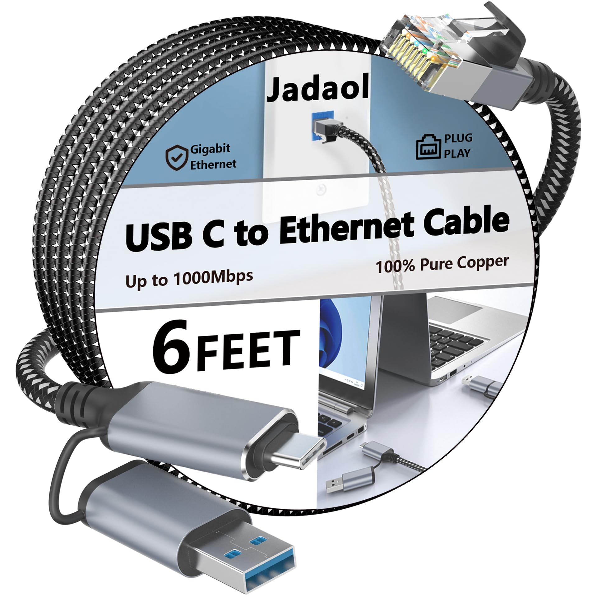 Jadaol USB-C/USB-A to Ethernet Cable 6 ft, Built-in USB-A Adapter, Up to 1Gbps Gigabit RJ45 LAN, Plug & Play for Most Systems, USB 3.0, Nylon Braided,