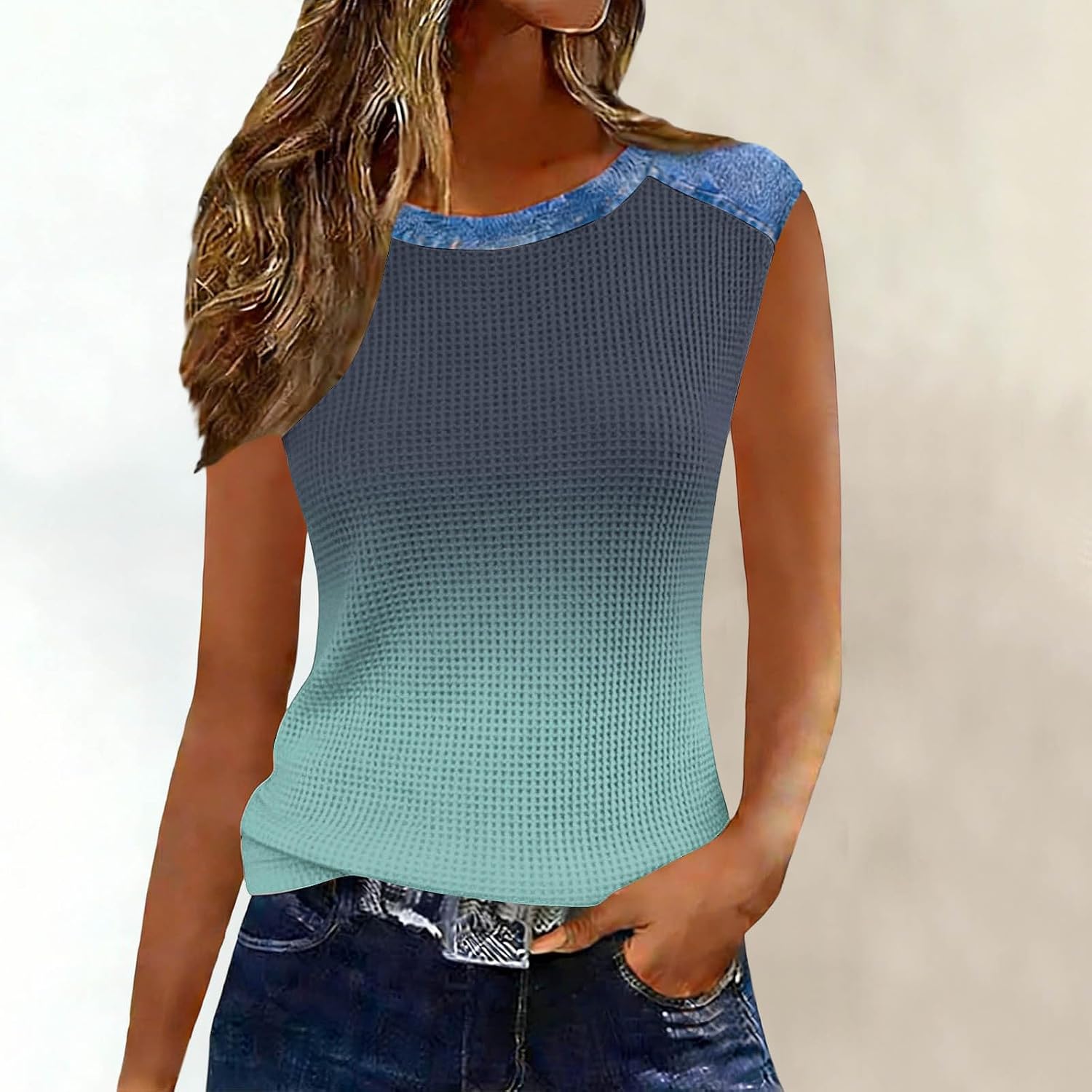 Women’s Sleeveless Gradient Waffle Knit Tank Tops Outfits Casual Summer Tops Loose Fit Denim Trim Raglan Sleeve Basic Tee