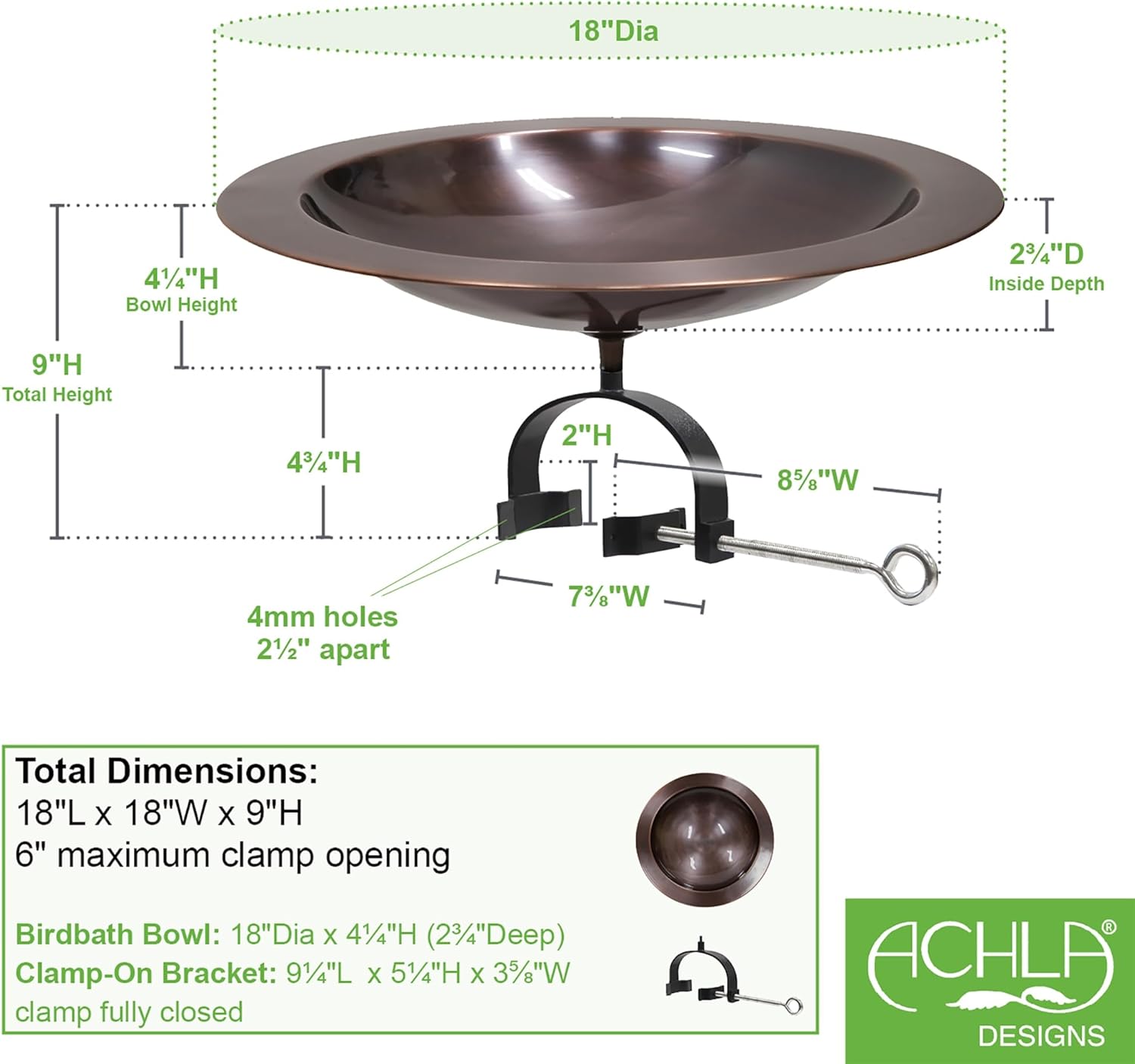 18" Classic Copper Birdbath- Over Rail Bracket