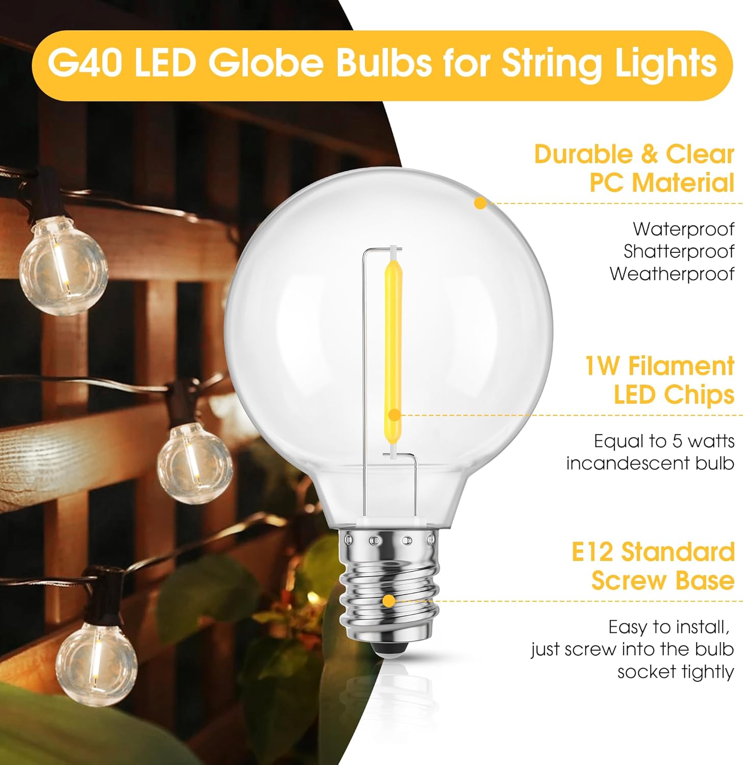 Mlambert G40 LED Replacement Light Bulbs for String Lights, Dimmable E12 Base Shatterproof Bulbs, 1W Equal to 5W, Neutral White 4000K, 50Pack, Not Solar