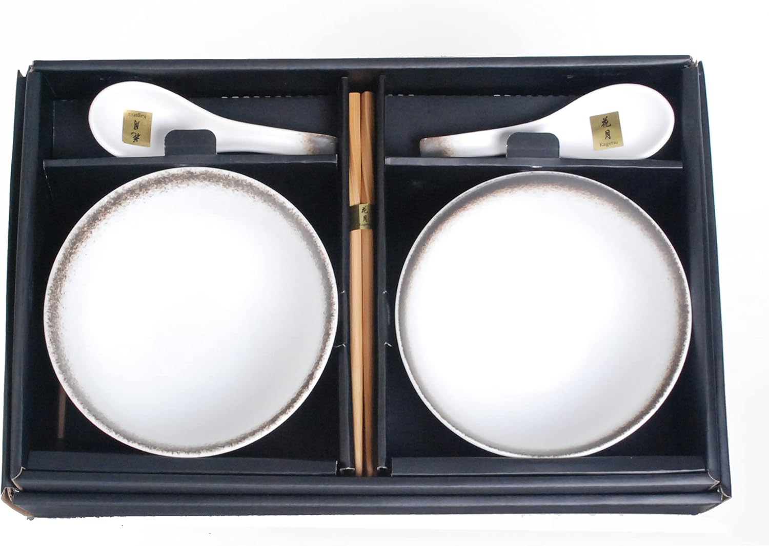 Japanese Style Ramen Bowls with Chopsticks and Spoons Large Serving 20 fl oz Noodle Bowl Set of 2 Udon Soba Pho Dinnerware Couple Set (White Brown)