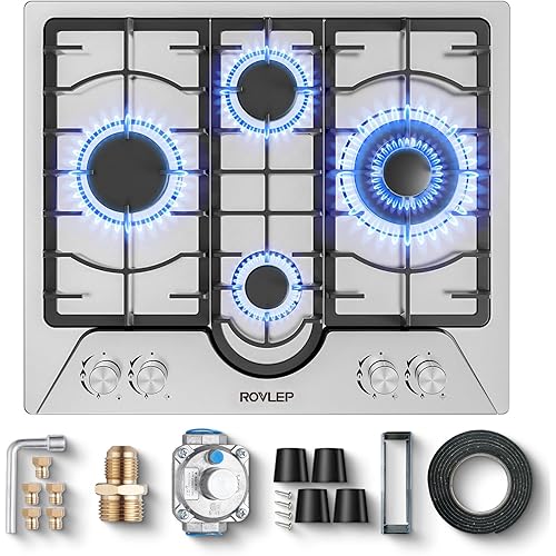 Gas Cooktop 24 Inch ROVLEP, Gas Stove Top Built-in 4 Burners Stainless Steel Total 31,600 BTU, 24Inch NG/LPG Convertible Propane Cooktop Dual Fuel, RV Stove Top with Thermocouple Protect (24 INCH)