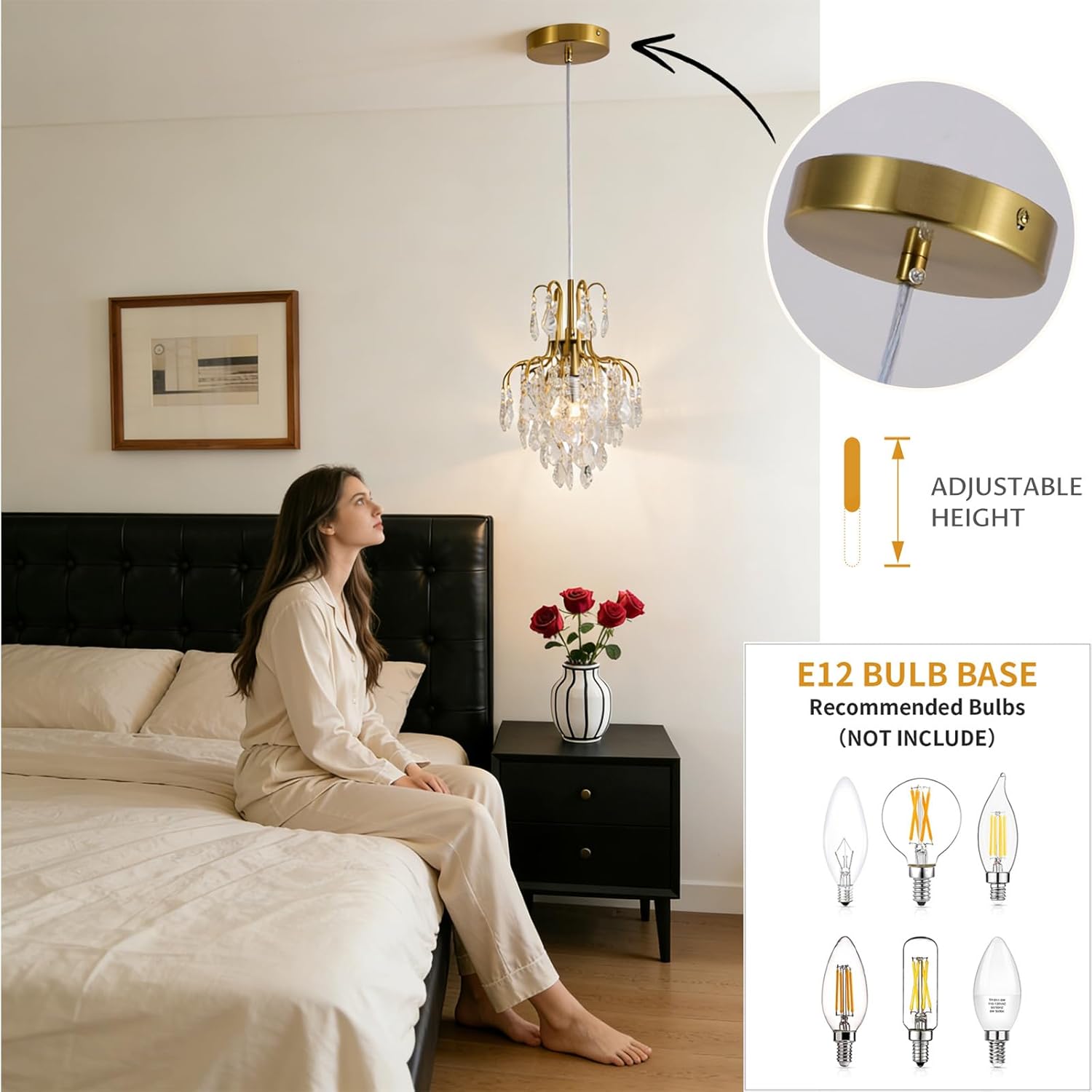 Mini Crystal Chandelier 1-Light Modern Copper Gold Raindrop Crystal Pendant Light Small Adjustable Hanging Chandelier Light Fixture for Dining Room Bedroom Kitchen Island Hallway Entryway Bathroom