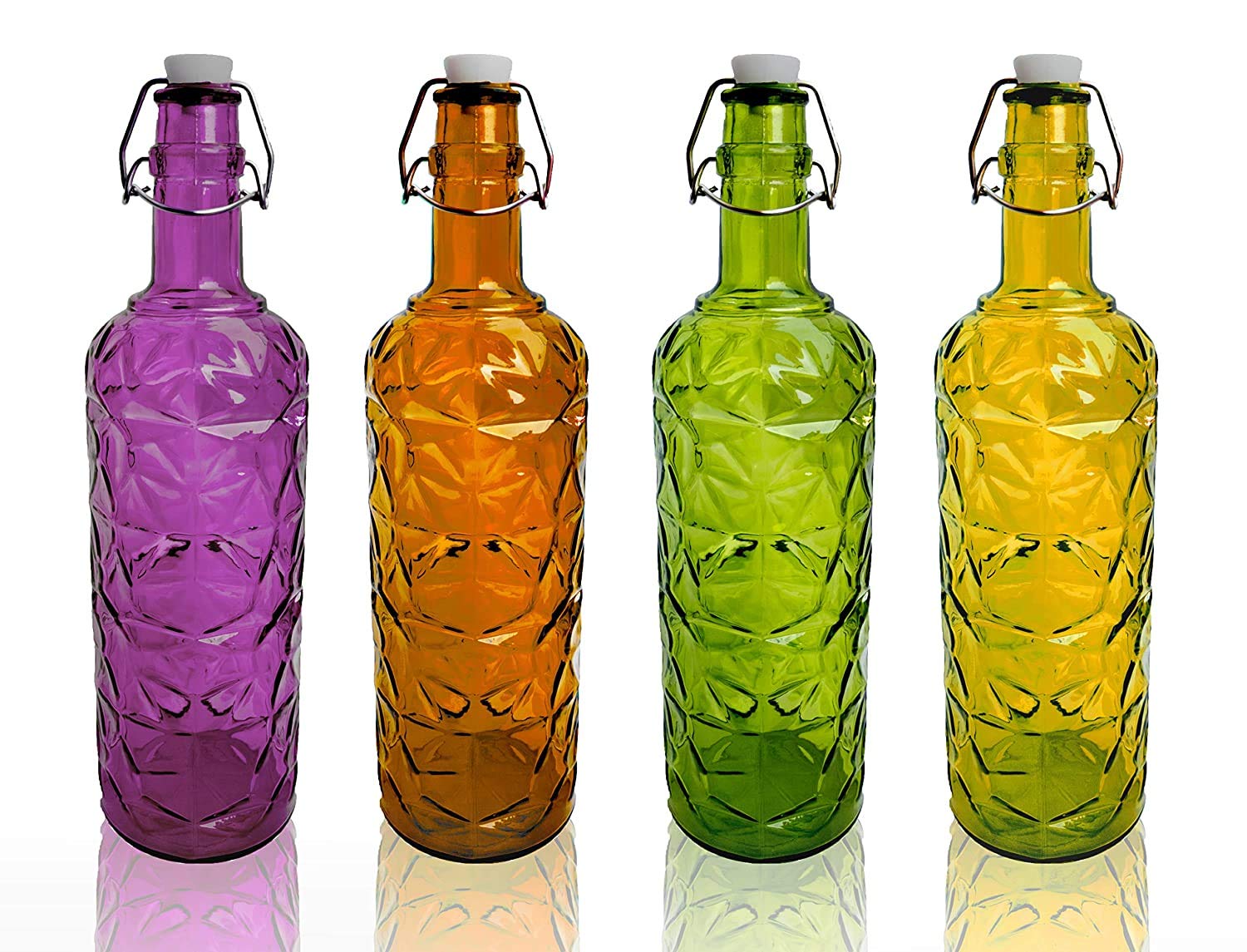 Machak Flower Crysta Glass Water Bottle For Kitchen 1 ltr, Assorted Color (Multi, Set of 4)