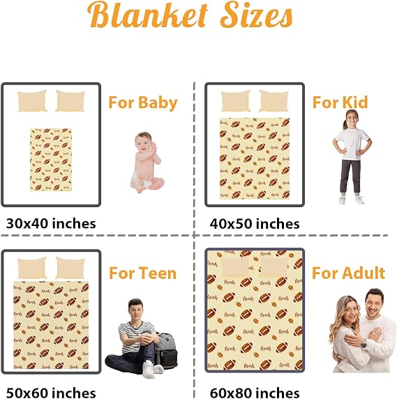 Custom Name Football Blanket - Personalized Names Soft Plush Flannel Throw Blankets for Baby Kids Teen Boys Girls Holidays Birthdays Gifts Color14