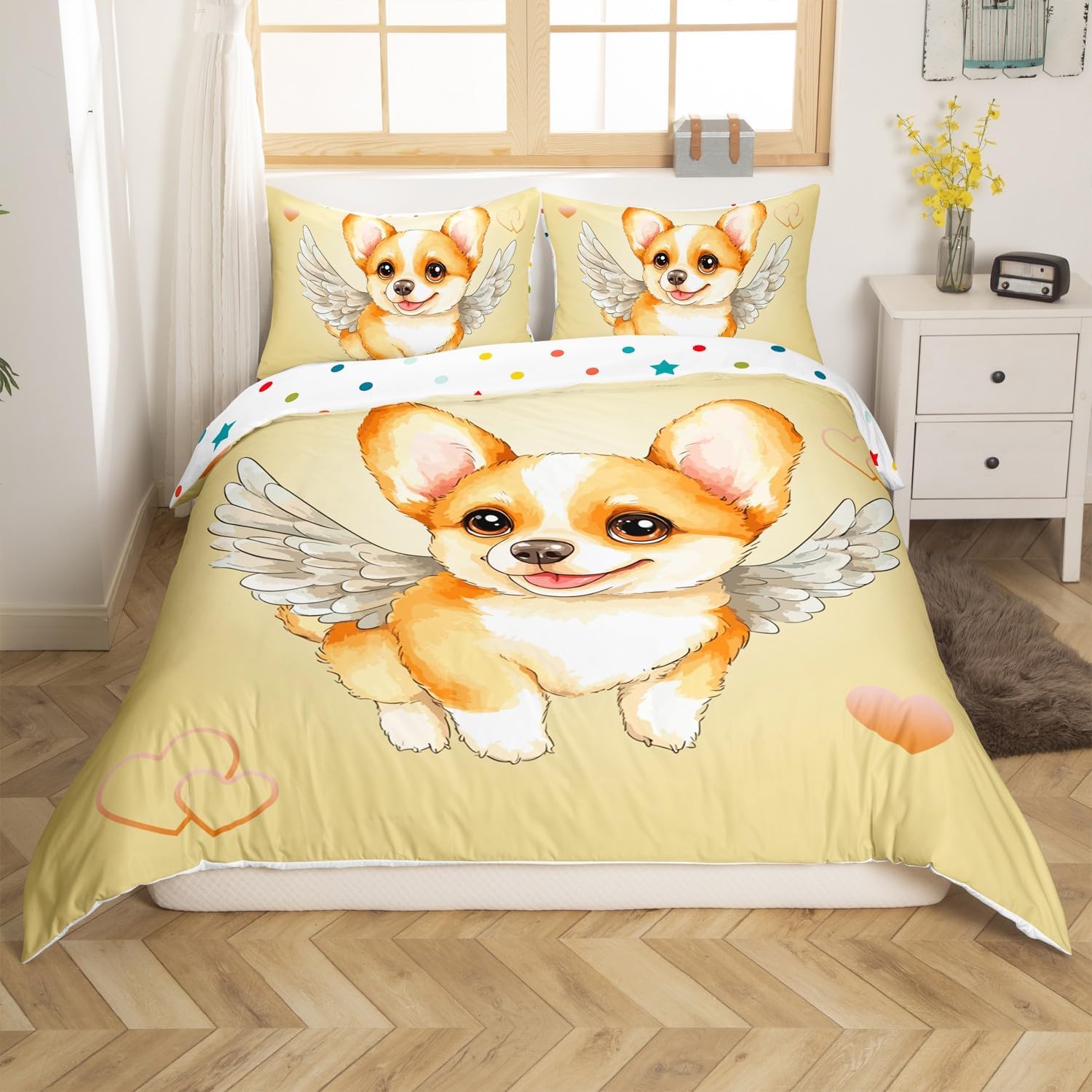 Cartoon Dog Duvet Cover Full Corgi Dog Cute Happiness Super Soft Bedding Set, Kawaii Pet Puppy Farmhouse Animal Comforter Cover Warm Cozy Lightweight Decor Bedspread Cover For Kids Boys Girls