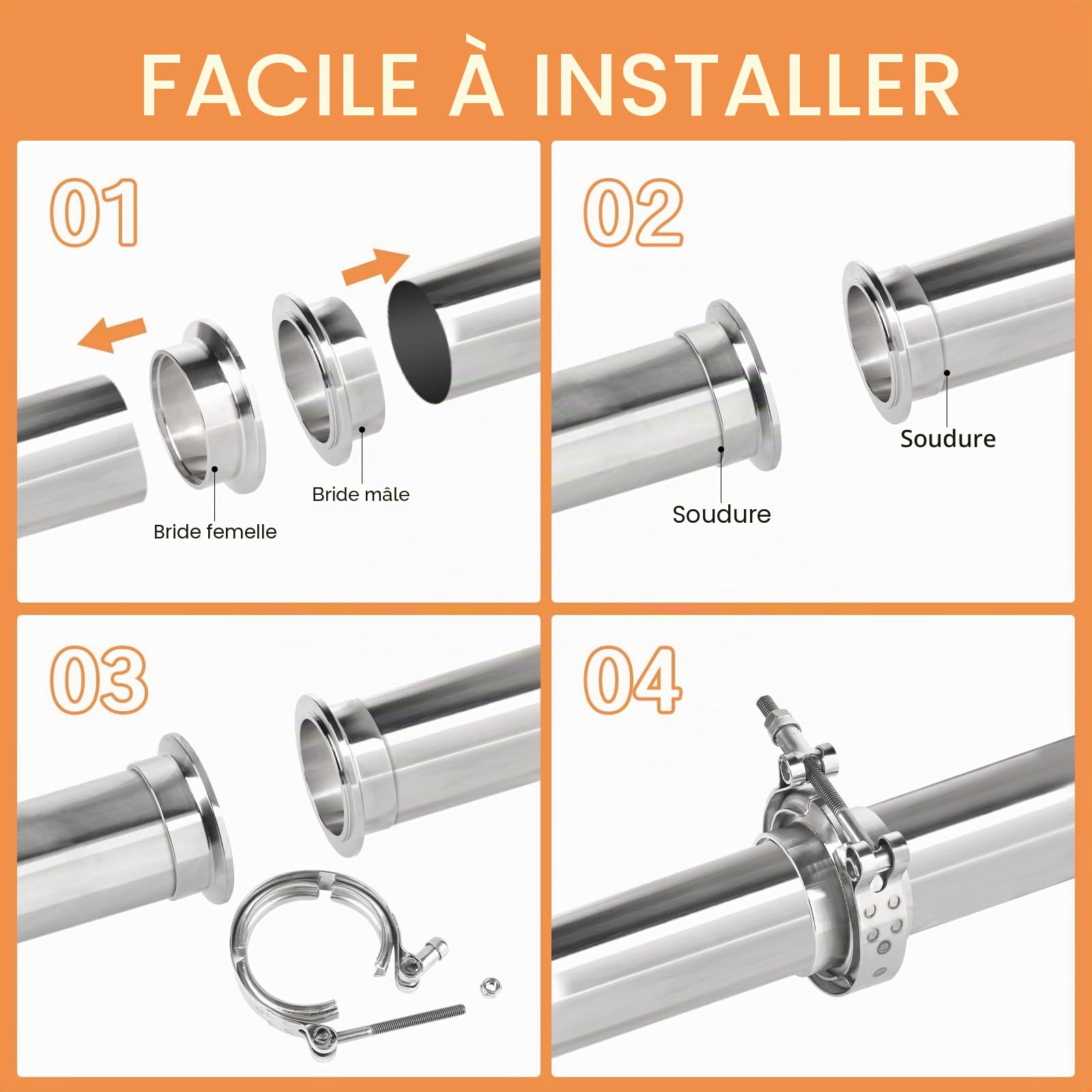 Collier V-Band + Flasques Ø 63,5 mm (2,5'') Kit complet en Acier Inoxydable 304 Collier de fixation rapide pour échappement et turbo avec anneaux centrage et collier pour tuyau turbo (Argenté)