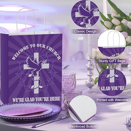 Miniatura 3 de Geyee 24 bolsas grandes de regalo de bienvenida a la iglesia, a granel, 10.7 x 4.3 x 8.7 pulgadas, papel cristiano religioso morado con asas para