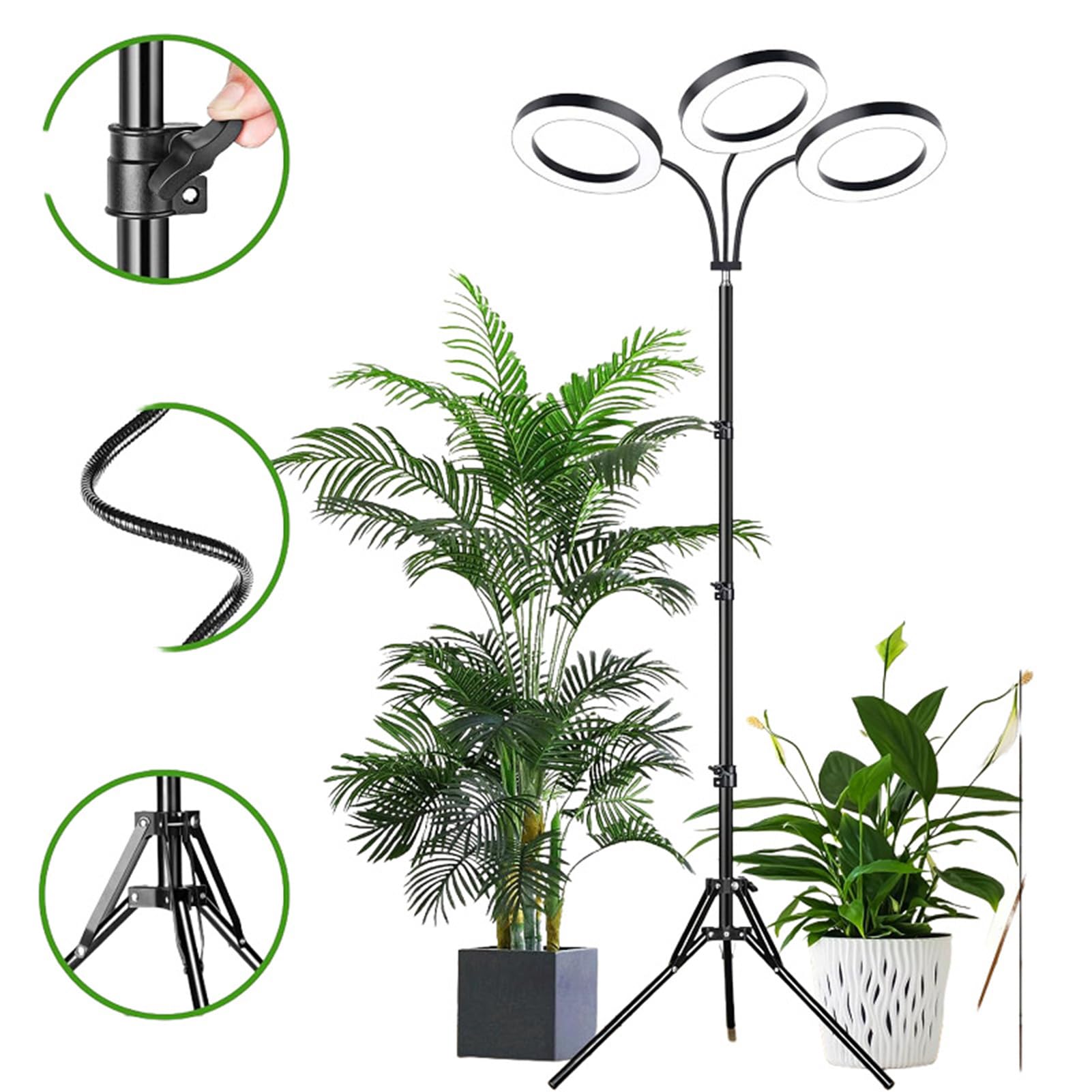 Luocute Luz para Plantas de Pie, Lámpara de Cultivo con Espectro Completo 108 LED, Temporizador Ajustable en Altura de 6 Brillos para Plantas (Enchufe de la UE 3 cabezales 28W Utilice adaptador 3A)