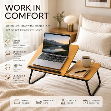 Laptop Bed Table with Foldable Legs & Cup Holder - Adjustable Folding Laptop Desk for Bed, Sofa, Floor or Office - Portable Lap Desk Tray with Book & Notebook Stand (Brown)