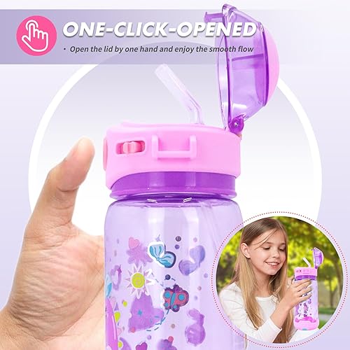 Miniatura 3 de Botella de agua para niños con popote, para la escuela, niños y niñas, botella de agua potable de 22 onzas sin BPA, apertura de un solo clic, tapa