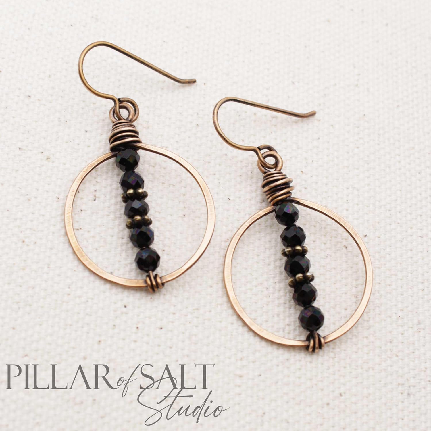 Pillar of Salt Studio Handcrafted Bronze Hoop Earrings with Black Tourmaline Gemstones (Antiqued Bronze, 1-1/4" drop)