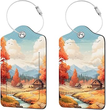 Luggage Tags for Suitcase, 2 Pack PU Leather Suitcase Tag with Stainless Steel Loop Waterproof and Tear-Resistant Privacy Cover ID Label for Travel Cruise Luggage Bag TagsVillage