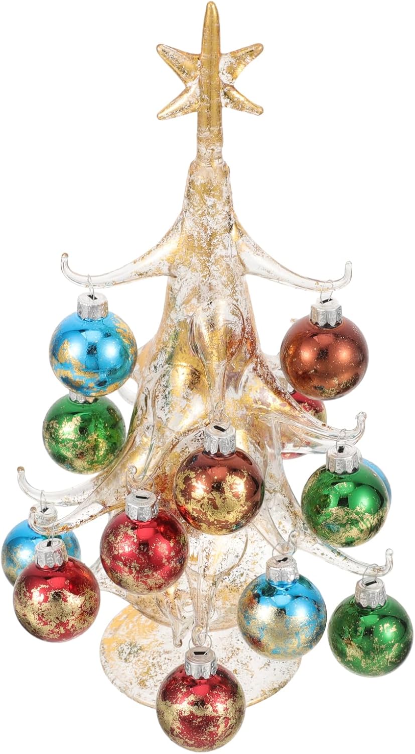 LUOZZY Glass Christmas Tree Tabletop Ornament with Xmas Ball Christmas Tree Shaped Desktop Ornaments Xmas Presents