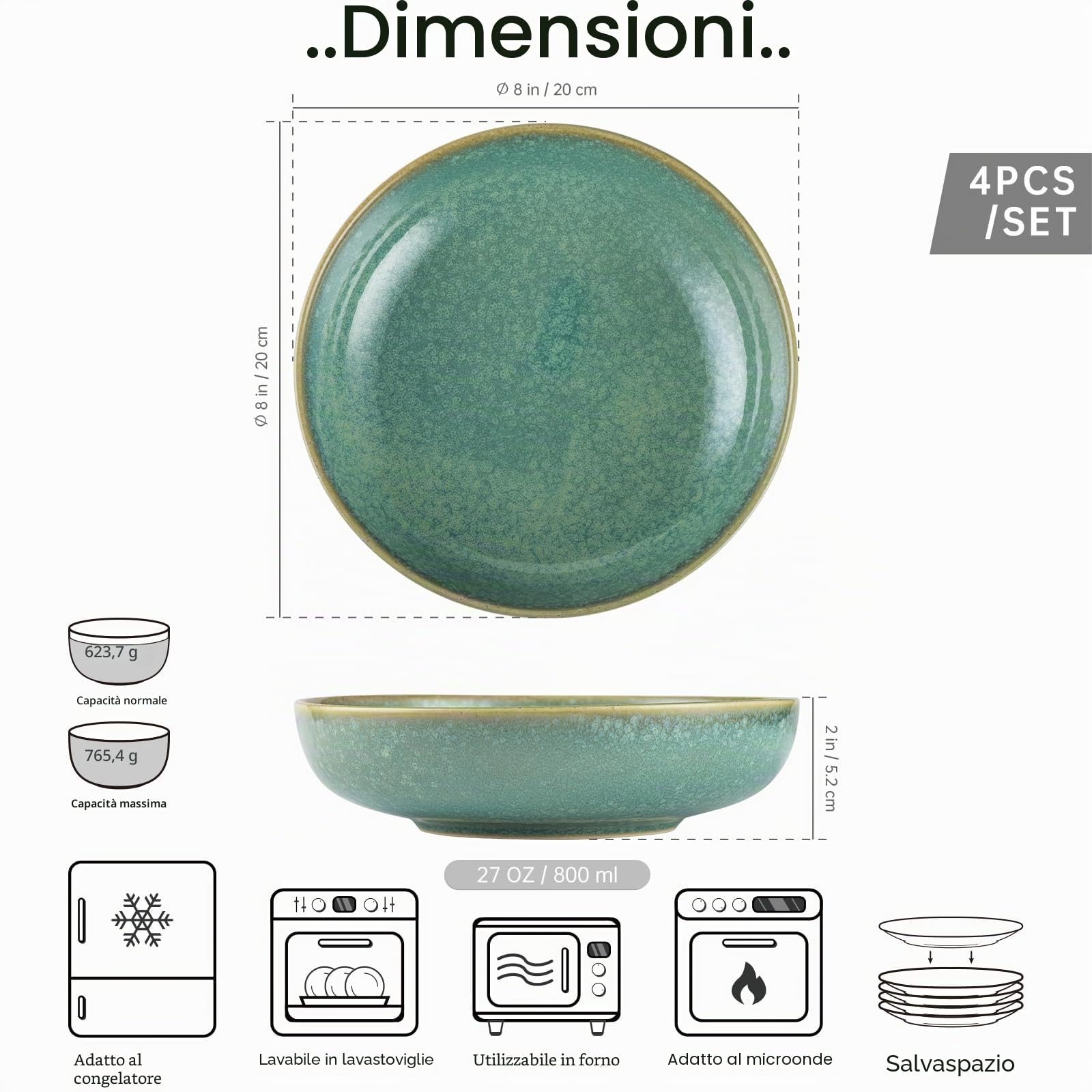 HENXFEN LEAD ciotole per pasta, 740ml ciotole per zuppa in ceramica, set di 4 ciotole per insalata in porcellana, verde lucido