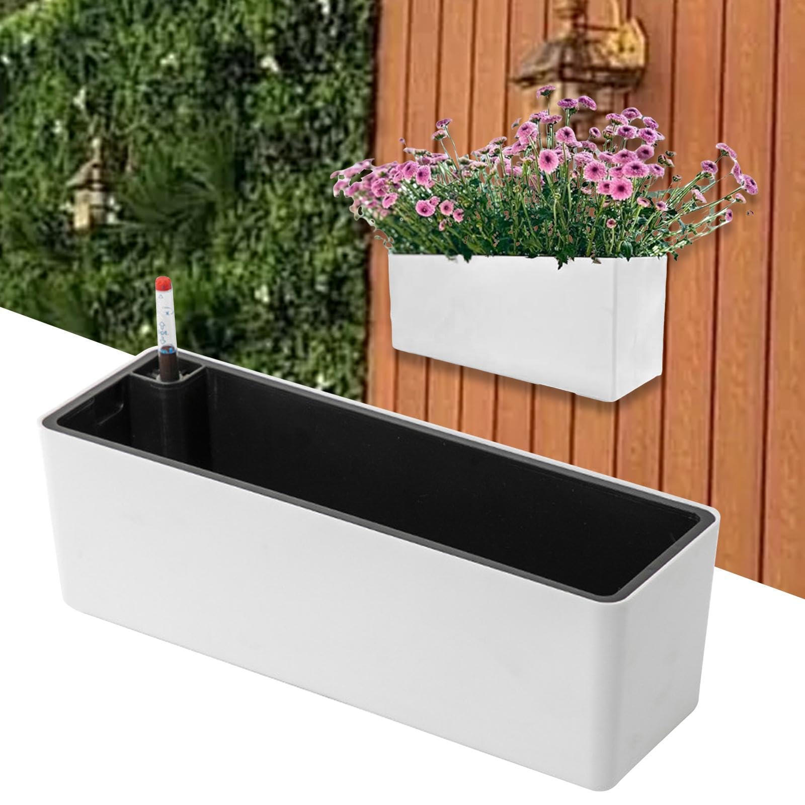 Rechteckiger selbstbewässernder Pflanzkübel mit Wasserstandsanzeige, Fensterkasten für Fensterbank, Garten, Pflanzen, Gemüse, Blumen, Weiß