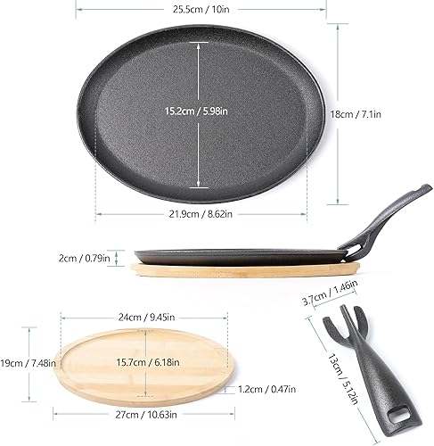 Vista 2 de HAWOK Sartén Fajita de Hierro Fundido con Bandeja de Bambú y Asa Set de 4 10"*7.1"Set of 4