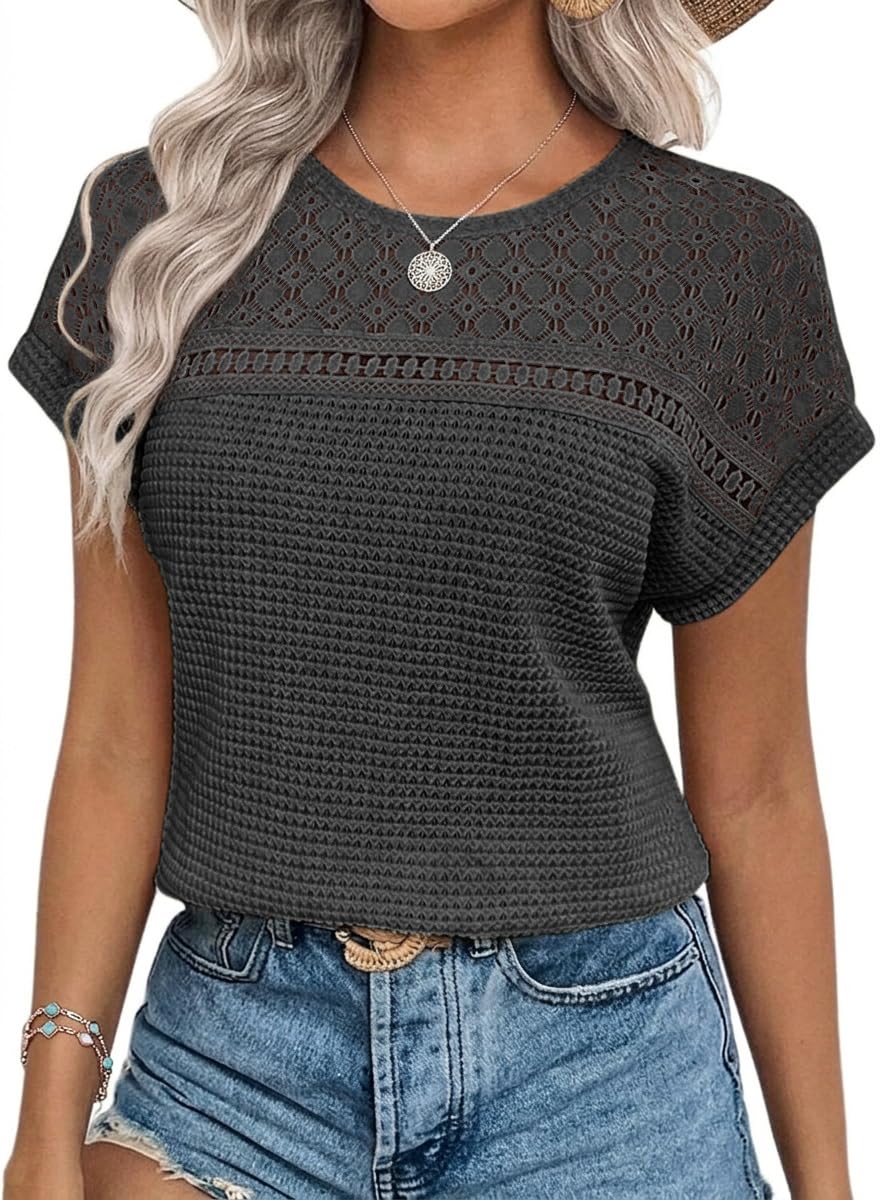 Chicrise Blouse Women's Elegant Short Sleeve Lace Tops Crochet Crew Neck T-Shirt Summer, darkgray, XL