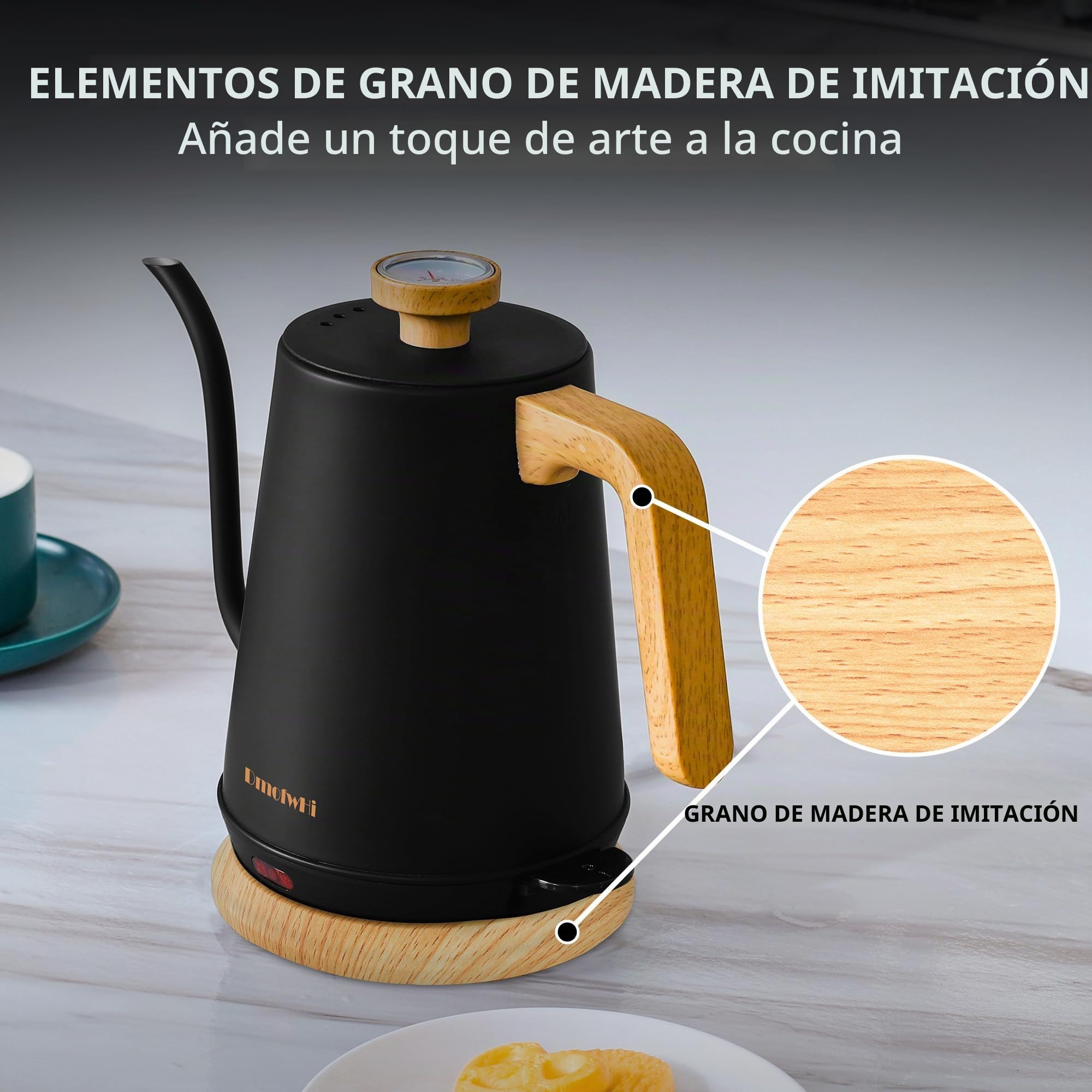 DmofwHi Hervidor Eléctrico de Cuello de Cisne de 1L con Termómetro, 1000W Tetera Electrica de Acero Inoxidable, Apagado Automático, Hervidor de Agua Para Café y Té, Negro