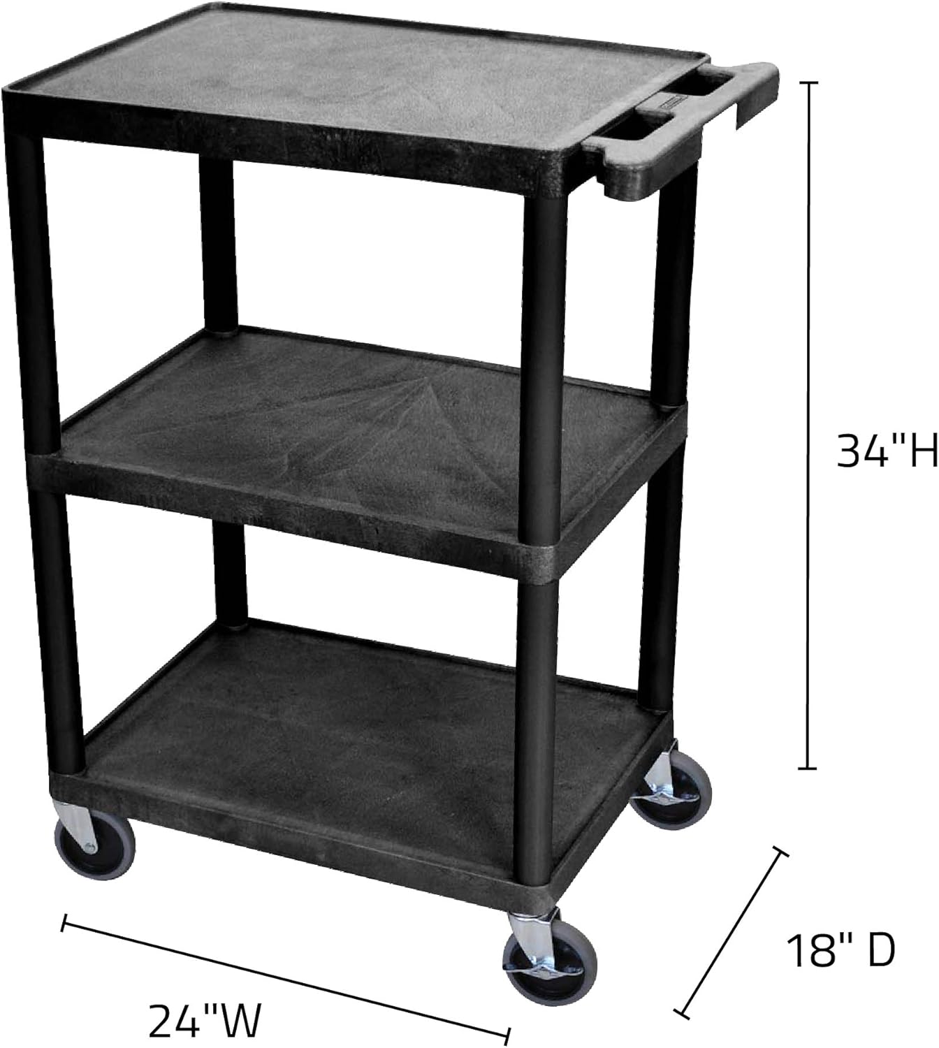 Diagram showing the dimensions of the Luxor Utility Cart: 24 inches wide, 18 inches deep, and 34 inches high.