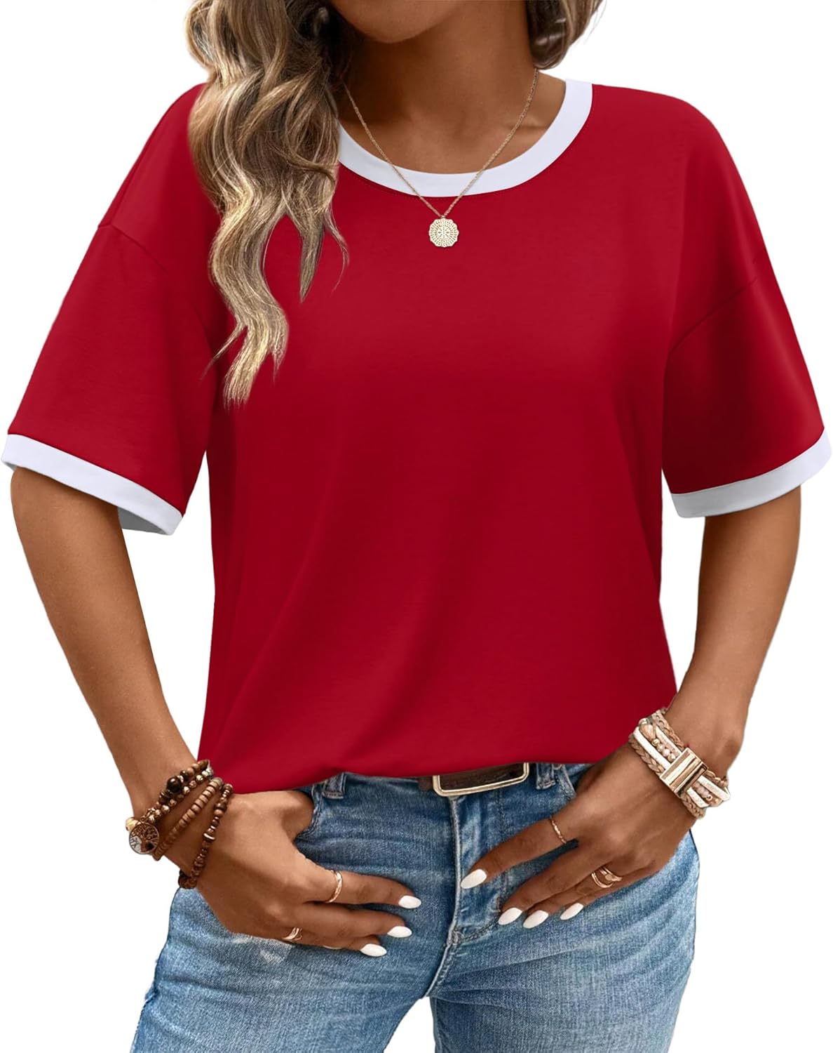 WIHOLL Womens T Shirts Loose Fit Short Half Sleeve Crew Neck Oversized Tshirts Color Block Summer Tops Fashion 2026 - Image 2