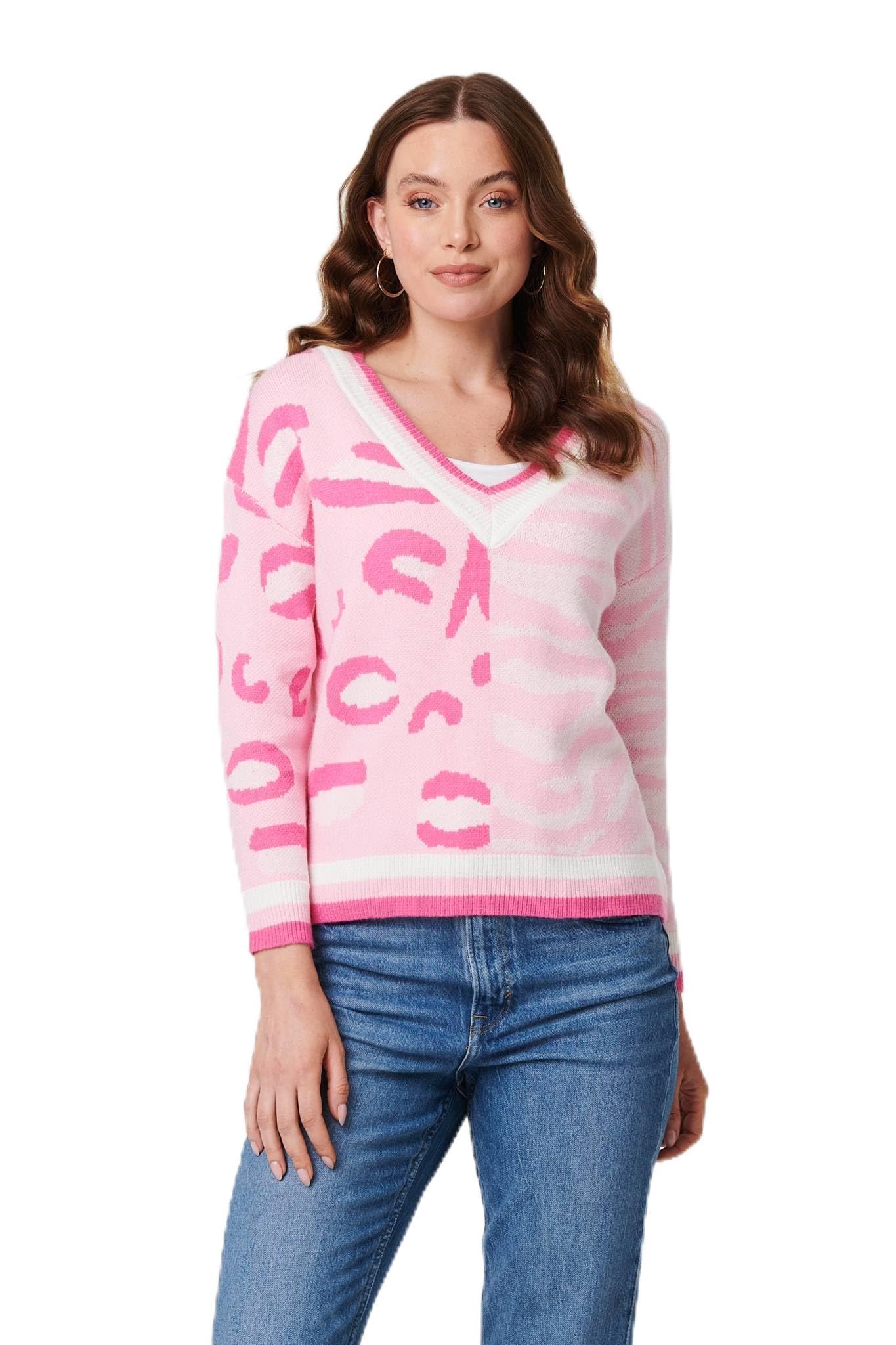 Izabel London Pink Animal Print Long Sleeve V-Neck Jumper - 14