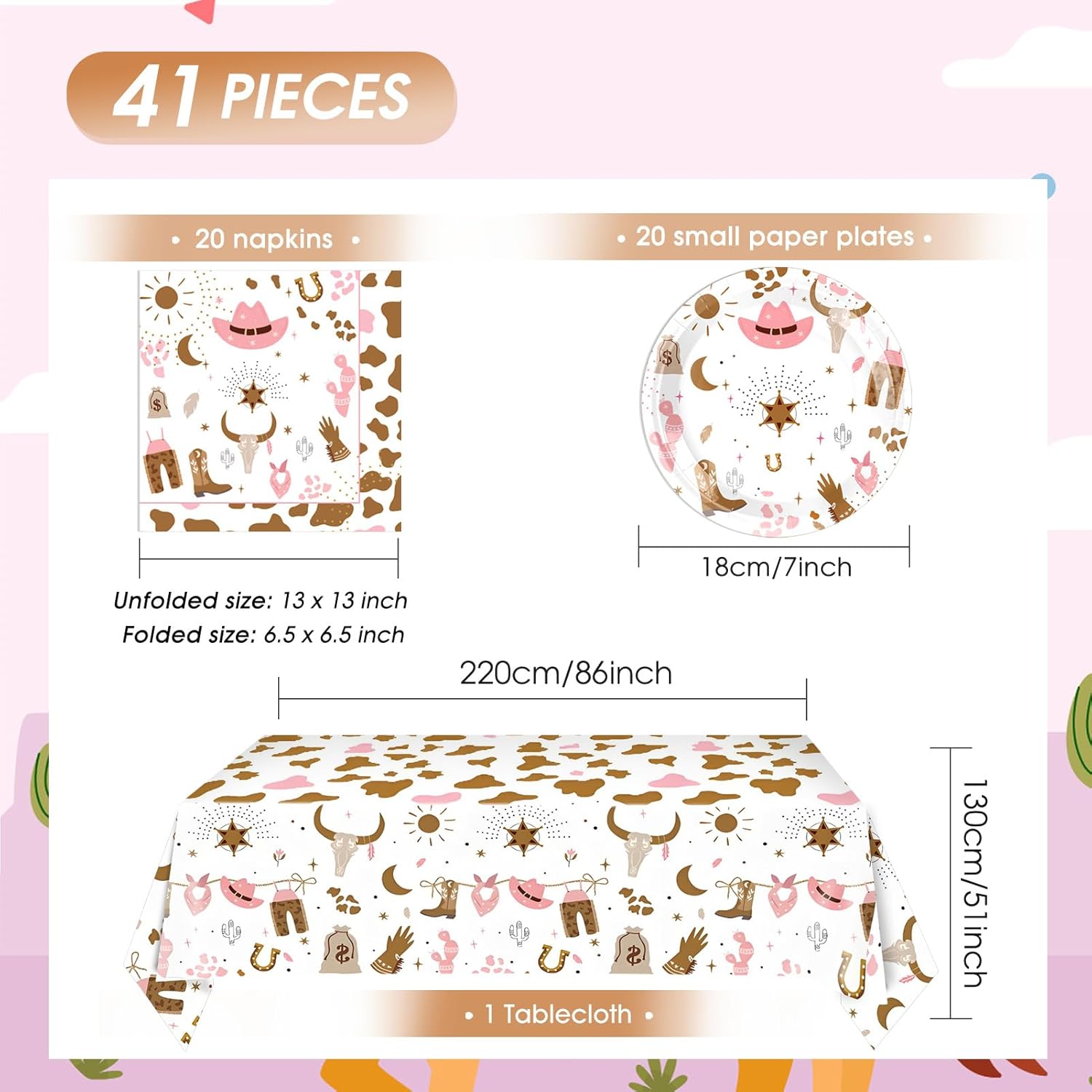 41Pcs Western Cowgirl Birthday Party Decorations Pink Cowgirl Party Supplies Retro Cowgirl Paper Plates Napkins Tablecloth|First Rodeo Wild West Cowgirl Birthday Baby Shower Bachelorette Party Decor - Image 2