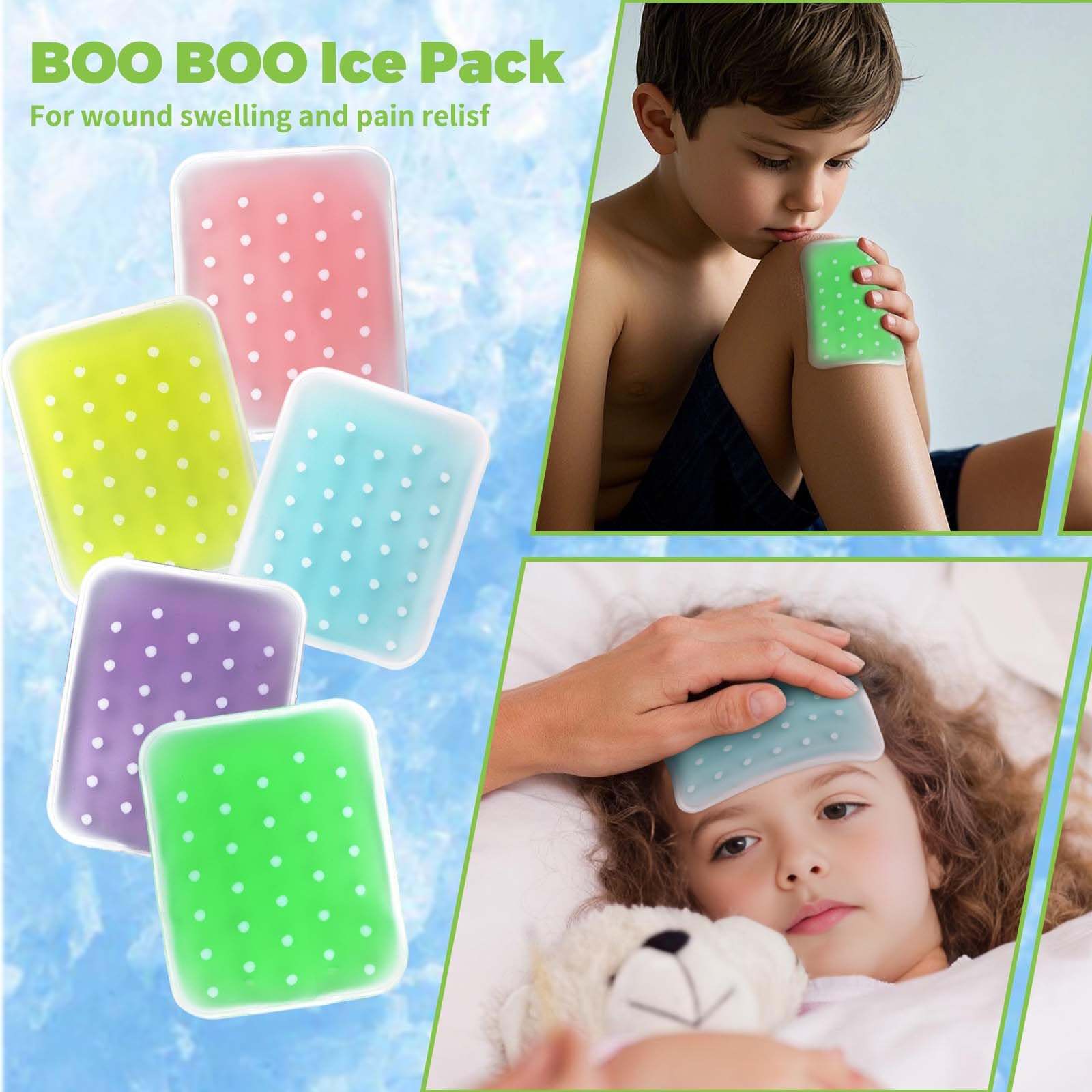 Boo Boo - Paquetes de hielo reutilizables para niños, compresa fría no tóxica para golpes y lesiones, paquete de 5 paquetes de hielo coloridos para niños (sin BPA, seguro para niños)