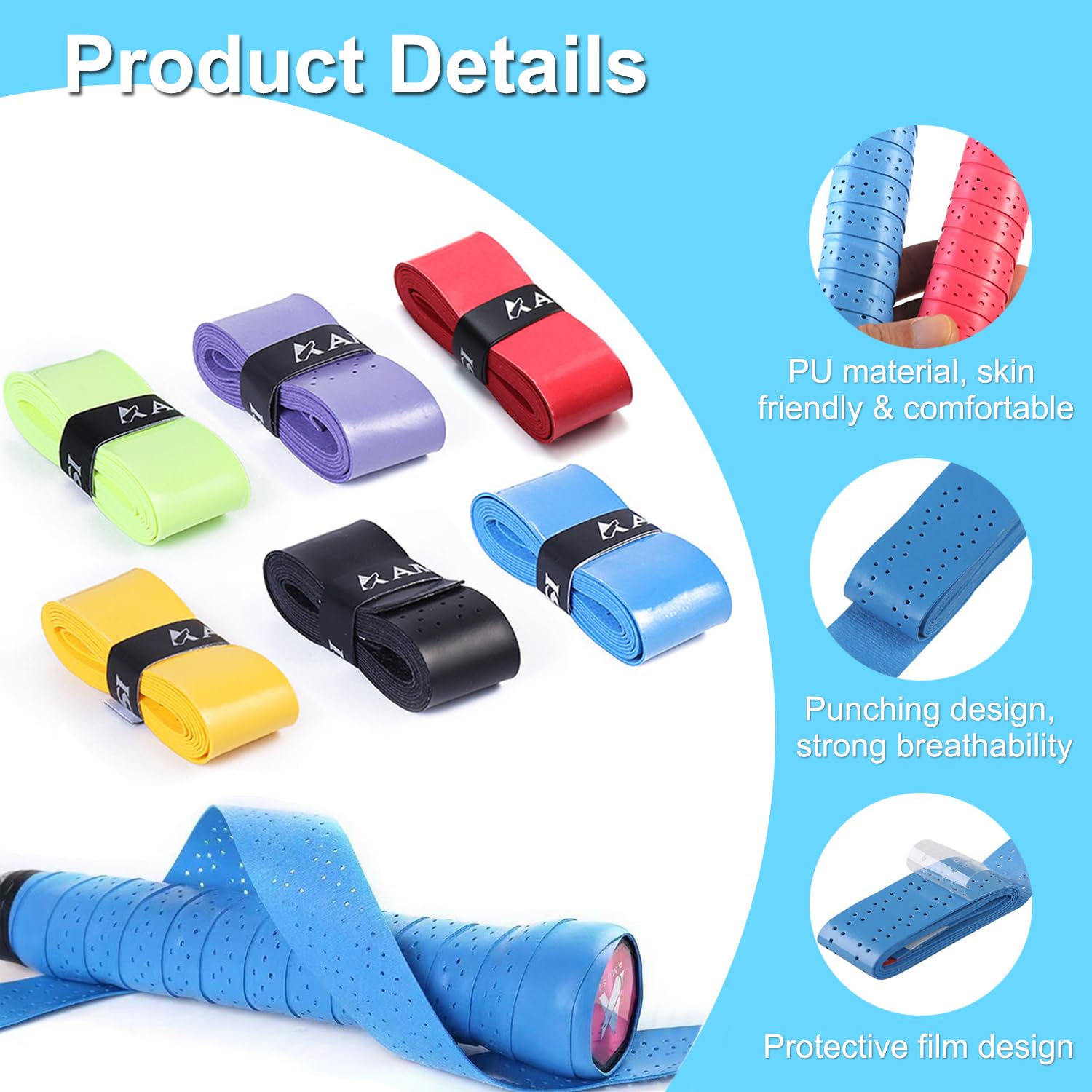 Ruban de Raquette Grip, 6 Pièces Raquette Overgrips Antidérapant, Ruban Adhésif pour Raquette de Tennis, Raquette Grip pour Tennis Raquette de Raquette de Pêche de Badminton Squash