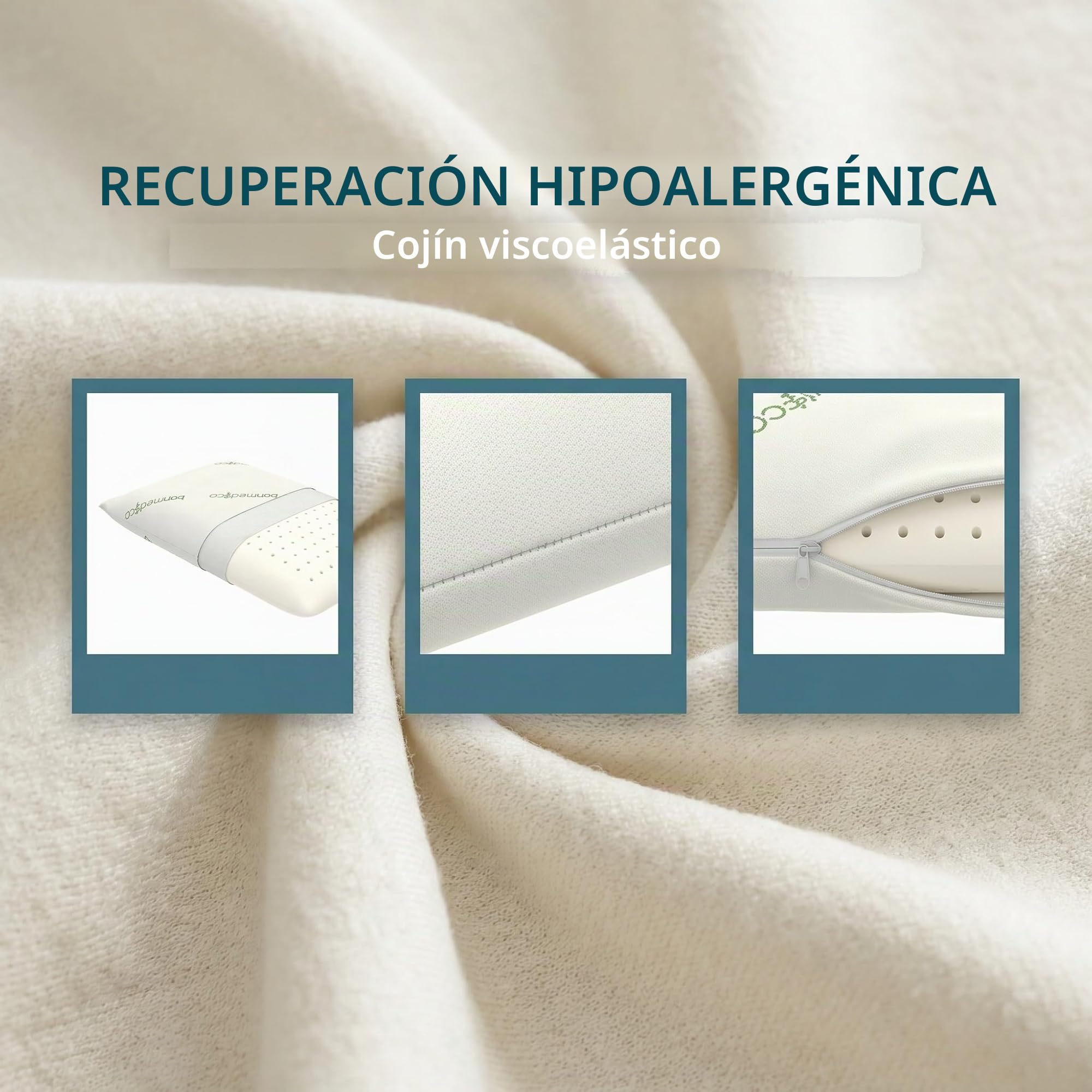 bonmedico Almohada Cervical Viscoelástica Fibra Bambú | Almohada con espuma memoria y funda de bambú lavable. Soporte cómodo para cuello y descanso.