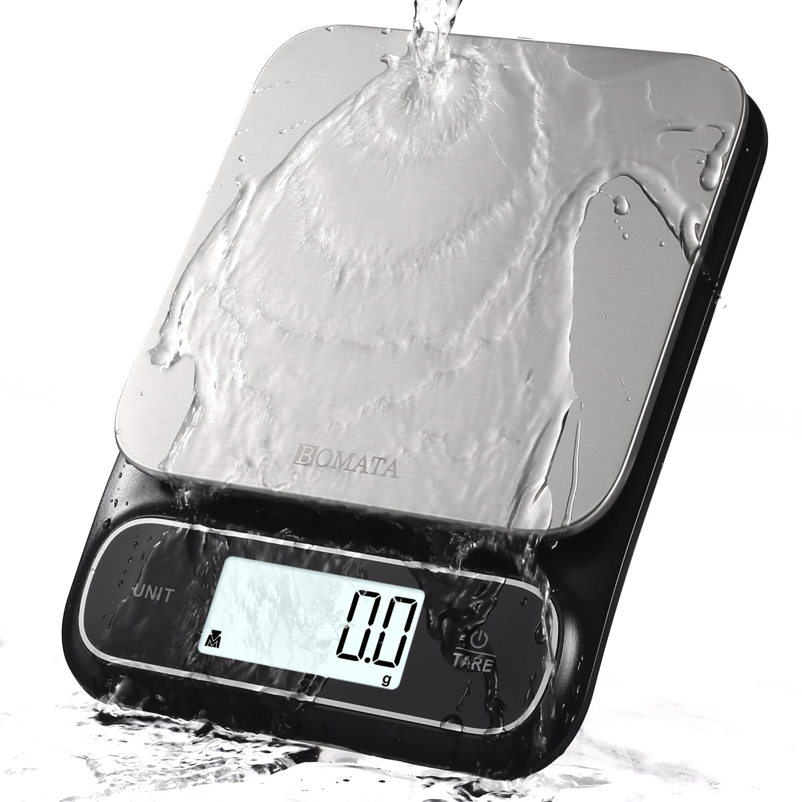 BOMATAWaterproof IPX6 Kitchen Scale, 0.1 g/0.01 oz High Precision, 5 kg/11 lb, Digital Scale with Backlight, Stainless Steel Weighing Platform, for Food, Cooking, Weight Loss.. B619, Black&Grey