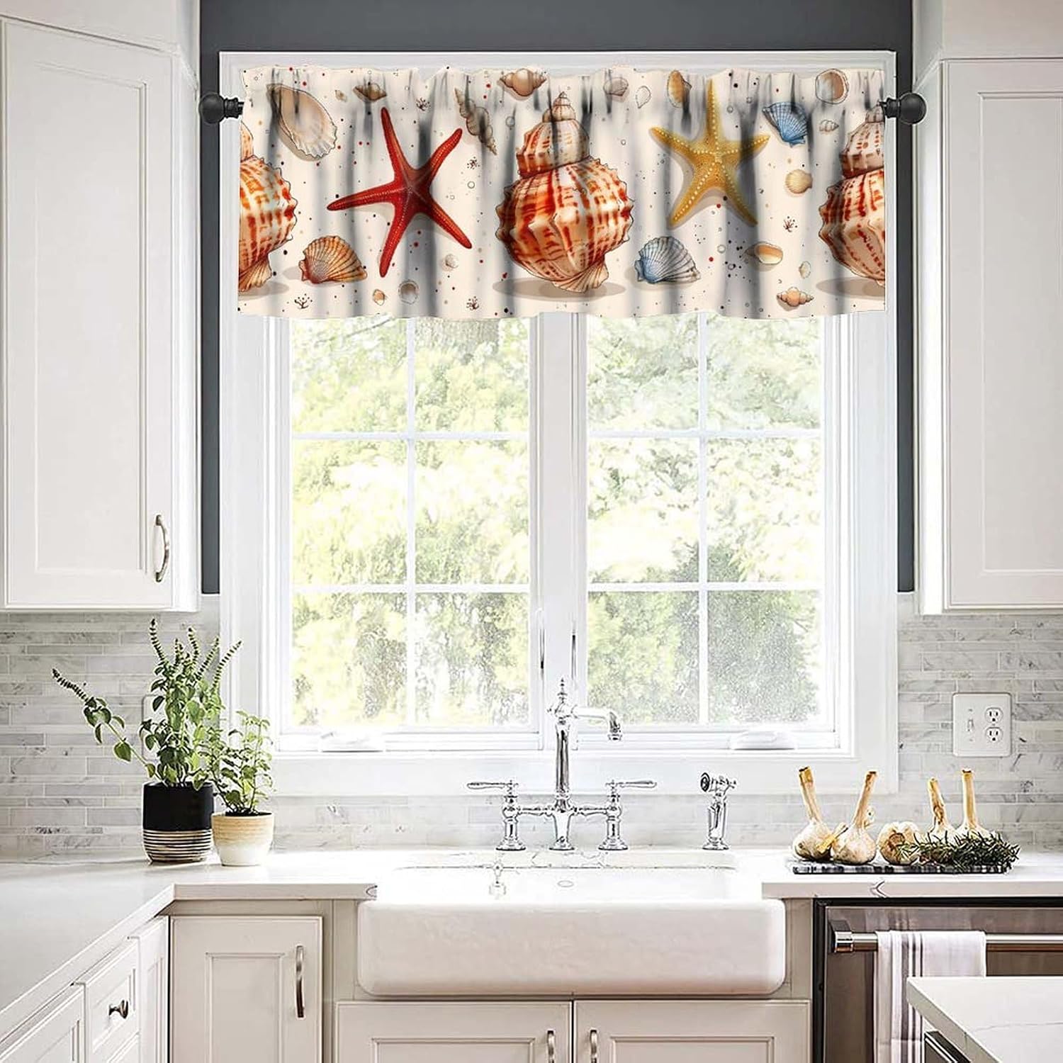Beach Valance Curtain Vintage Red Yellow Starfish Seashell Conch Print Rod Pocket Short Valance Window Topper Curtain for Kitchen Bathroom Living Room Bedroom Nautical Home Decor 54x18inch