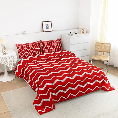Miniatura 2 de Feelyou Juego de edredón rojo tamaño Queen para adolescentes, niñas, niños y mujeres, juego de ropa de cama rojo vivo plateado, edredón reversible