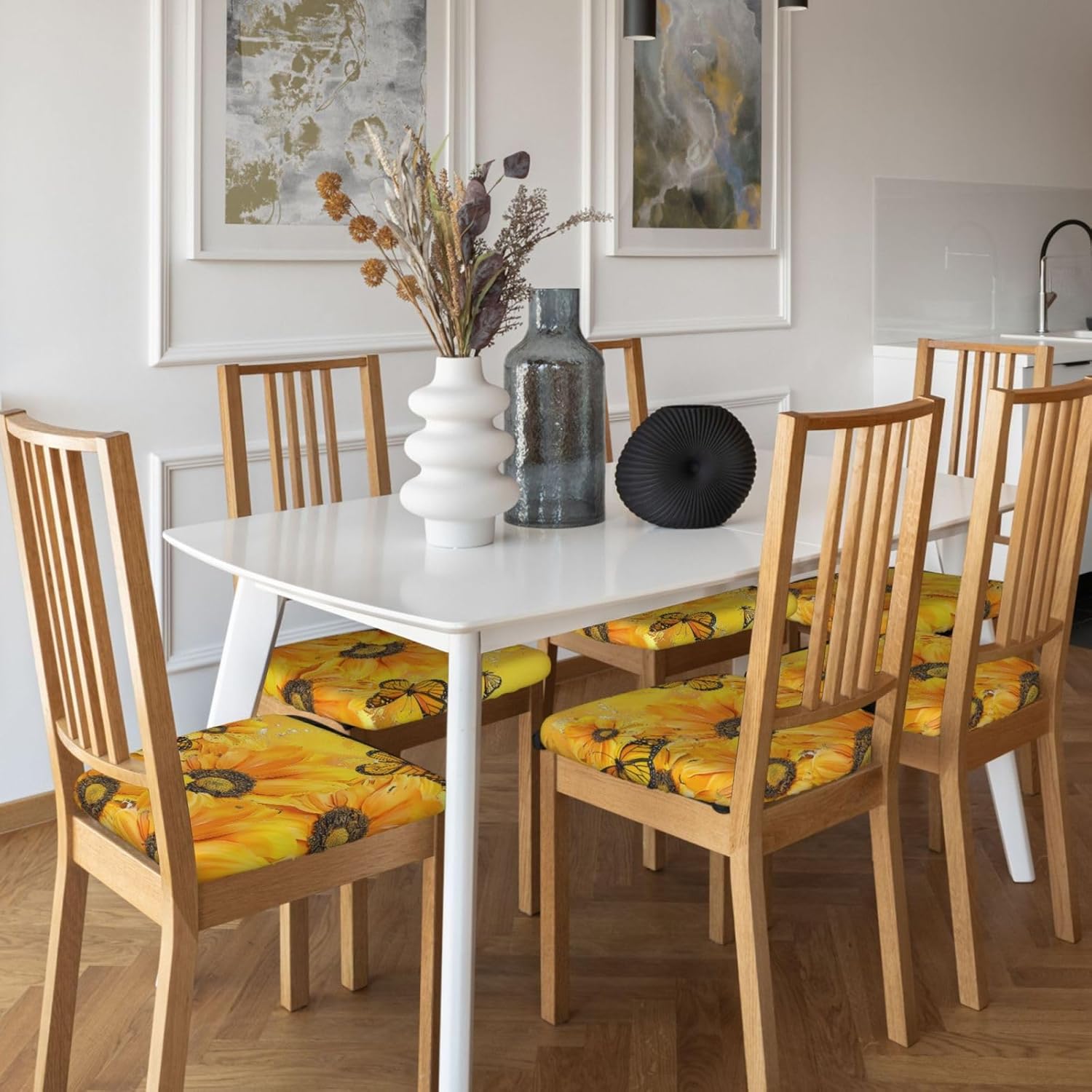 Yellow Flowers Butterflies Print Square Cushion Covers 6 Pcs Set Elastic Non-Slip Seat Cushion Slipcovers Pet Furniture Protectors for Chair, Sofa