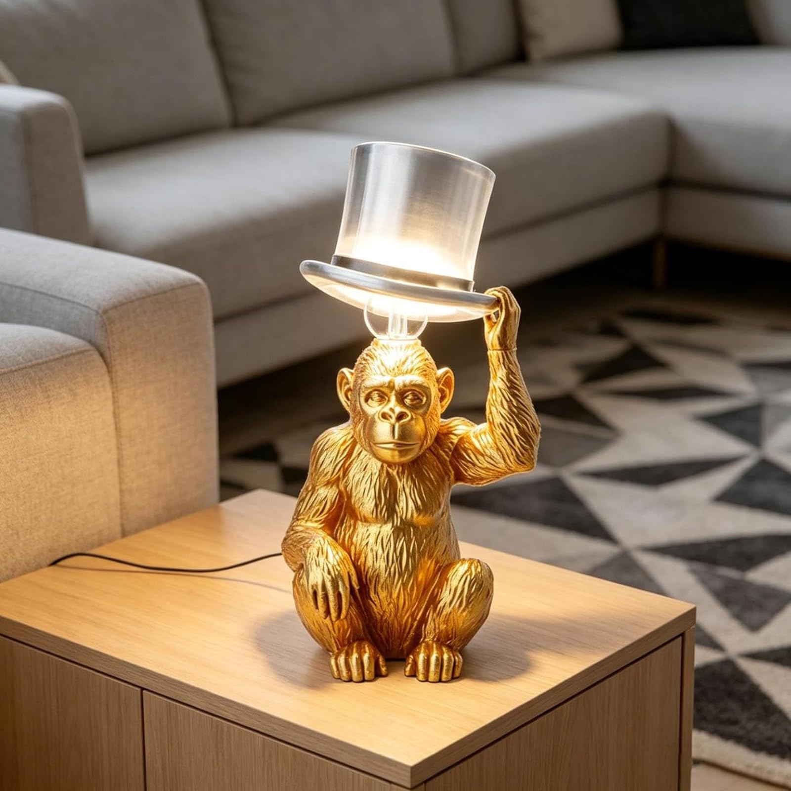 Małpa lampa stołowa z kapeluszem zwierzę lampa biurkowa dla miłośników małp zabawna kreatywna lampa dekoracyjna do spania przedszkola biura i domu dekoracja (złota)