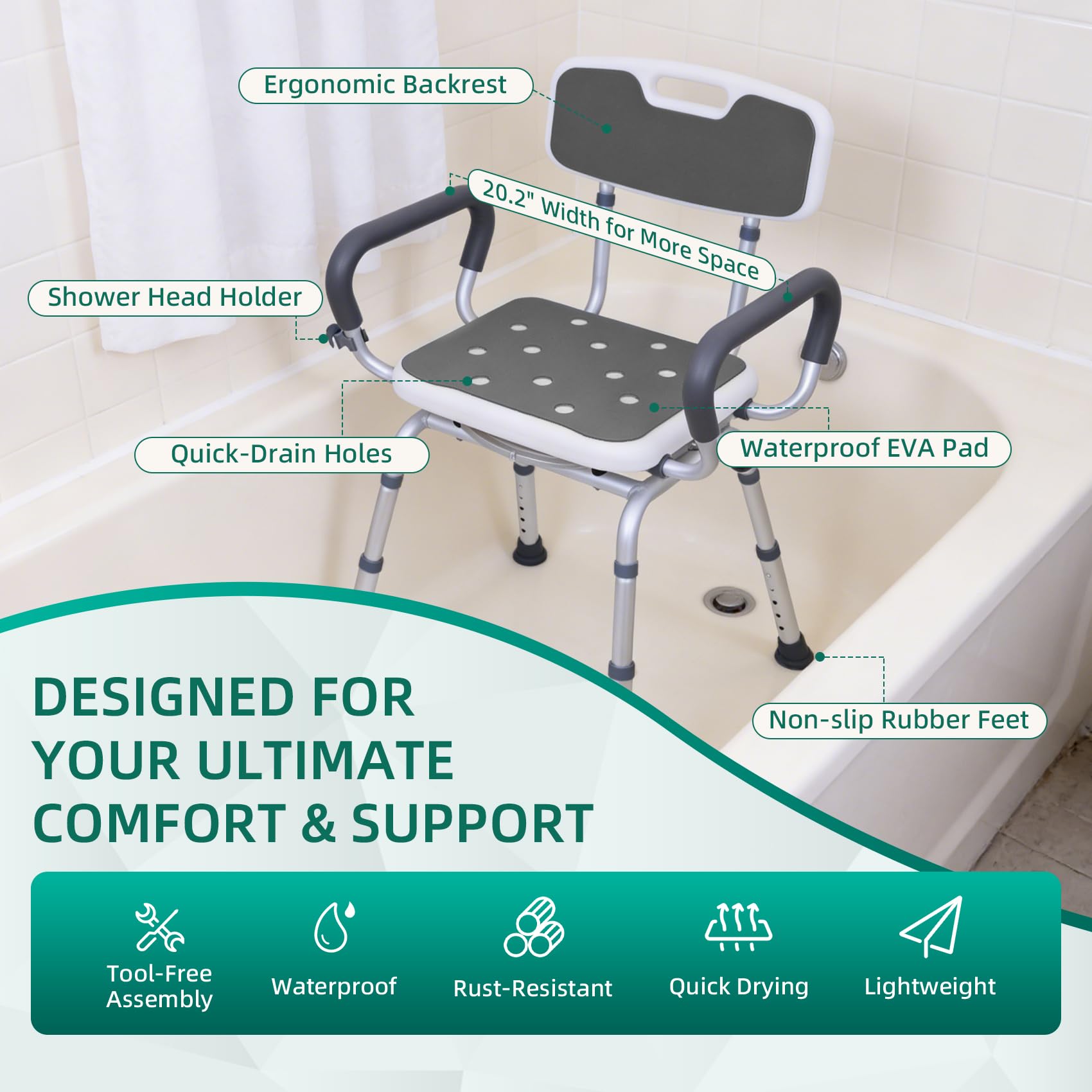 Silla de ducha giratoria con brazos y respaldo, silla de ducha resistente de 400 libras para ancianos y discapacitados, taburete de ducha ajustable en altura para ducha interior, asiento de banco de