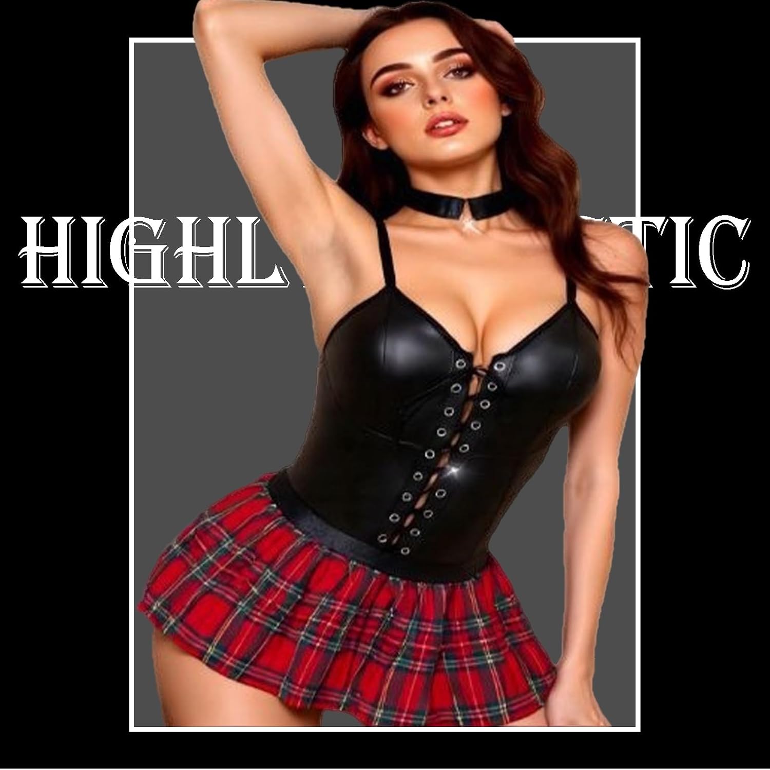 Bigary Sexy Leather Lace - Up Bustier with Plaid Mini Skirt Set