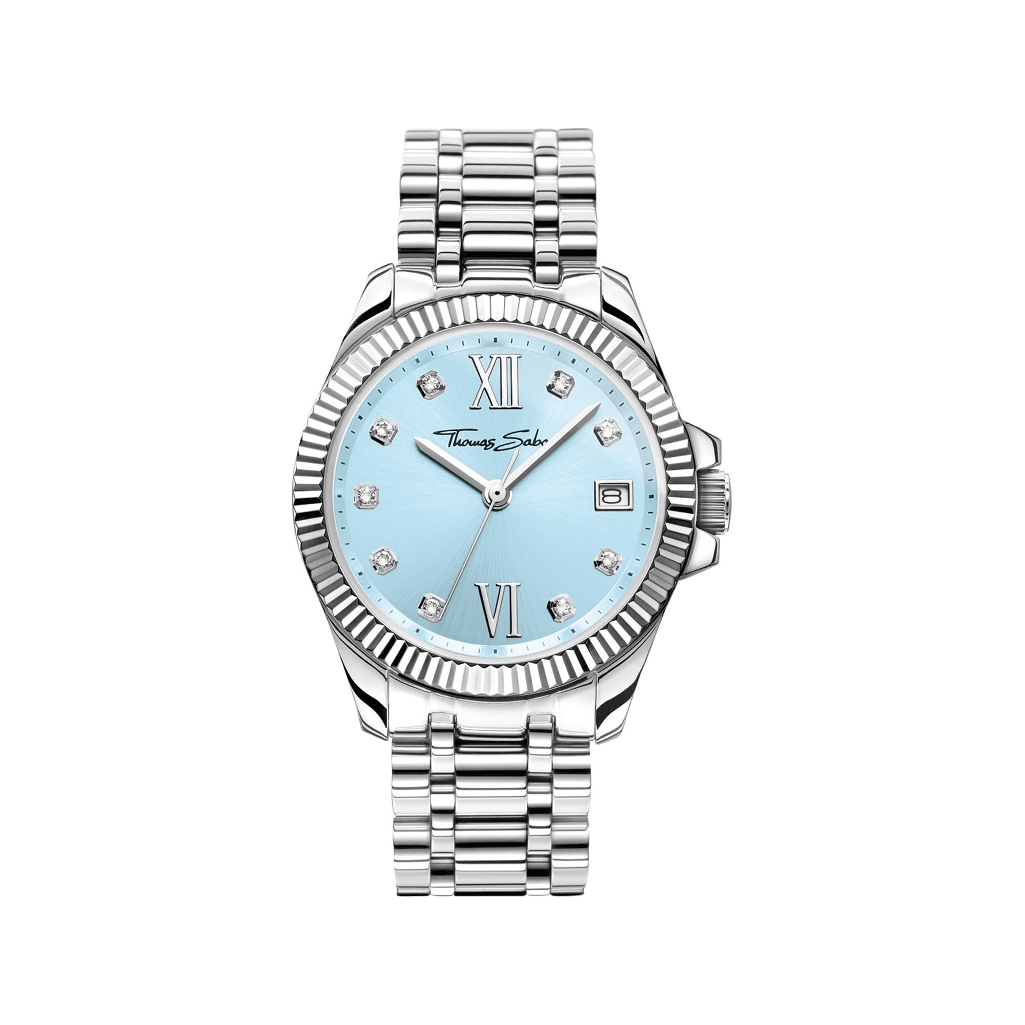 THOMAS SABO Damenuhr Divine Blue mit hellblauem Zifferblatt und weißen Steinen Silber Edelstahl, Edelstahl Silberfarben