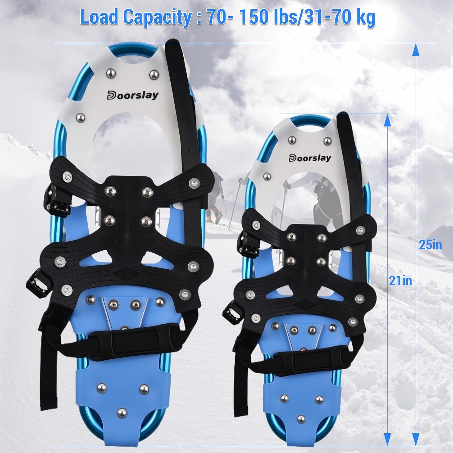 Doorslay 5-in-1 Snowshoes for Men Women Youth Kids, 21/25 Inches Lightweight Aluminum Alloy All Terrain Snowshoes for Hiking, with Trekking Poles, Snow Baskets, Storage Clip and Carrying Tote Bag