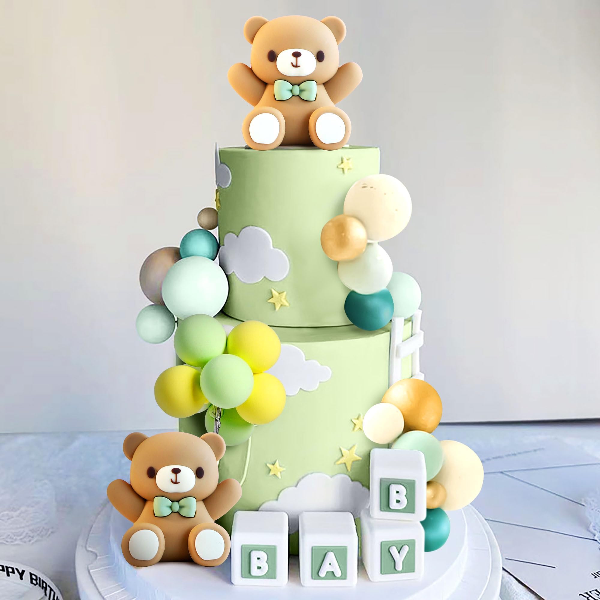 Snapklik.com : LaVenty Sage Green Baby Shower Teddy Bear Cake Topper