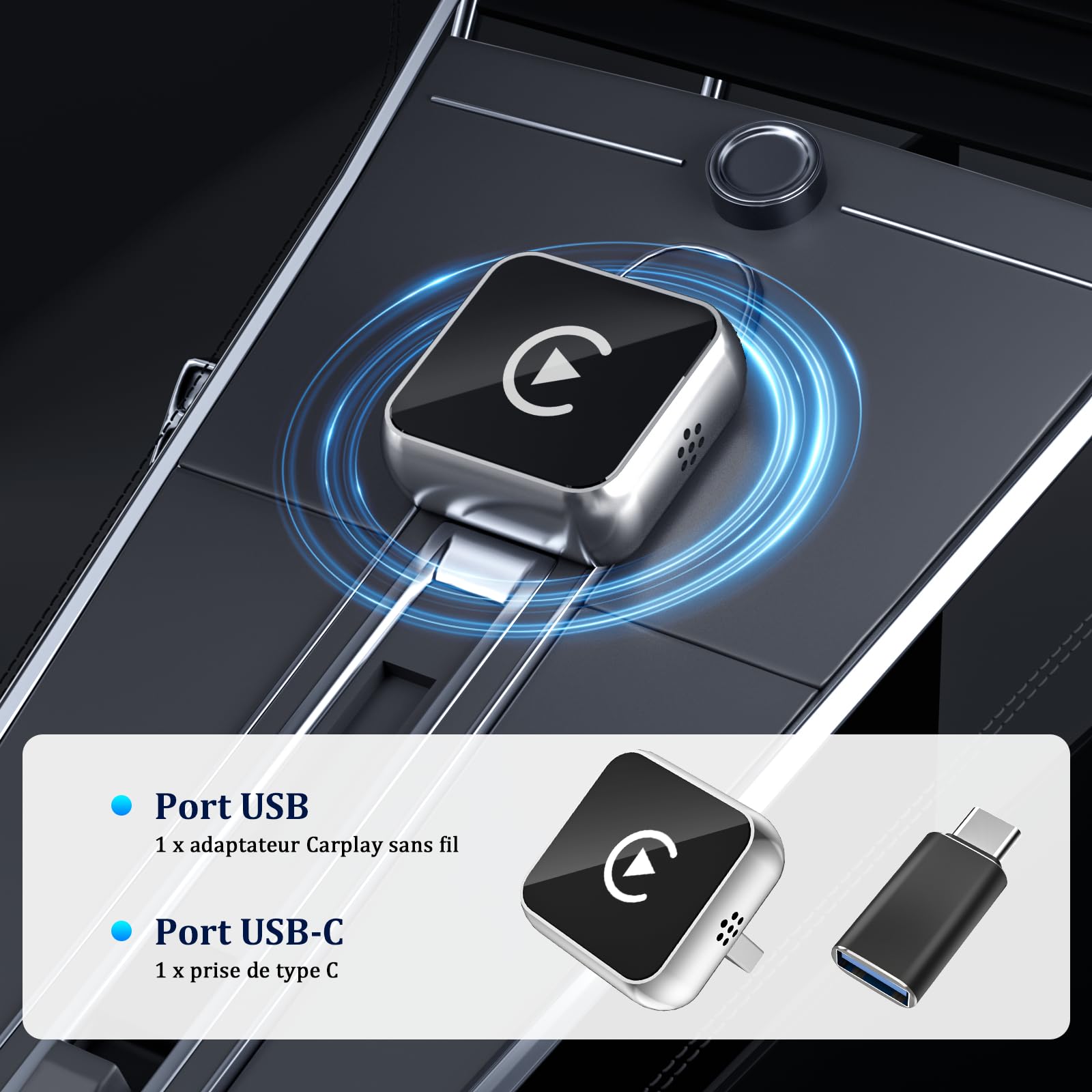 BSTOEM CarPlay sans Fil 2 en 1 pour Apple CarPlay/Android Auto, Mini Adaptateur sans Fil pour iPhone iOS 10+/Android 11+ et Plus de 2016 Voitures, Typ-C/USB, Car Play Voiture (‌Gris foncé‌) 1 pièce