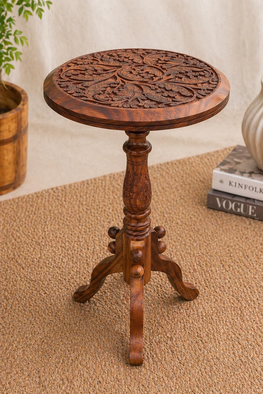 PEBBLECRAFTS Wooden Foldable Side Table End Table Side Table Nightstand Wooden Chairside Modern Rustic Round Coffee Table Telephone Stand (12 x12 x 18) Sheesham Wood Brown-image-46
