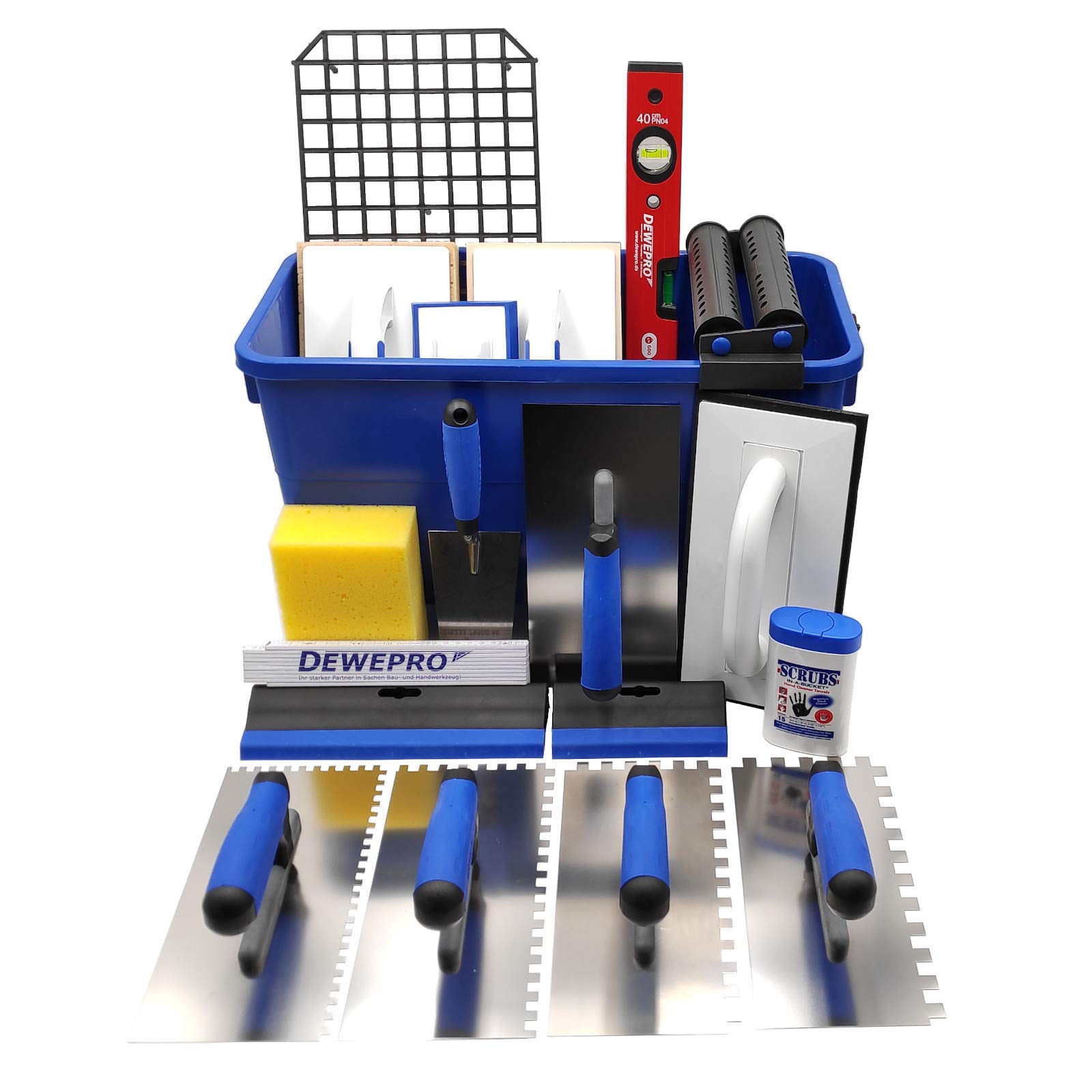 DEWEPRO® 20 teiliges Fliesenleger Waschset XXL - 22l Waschbox - Zahnkellen - Schwammbrett - Wasserwaage