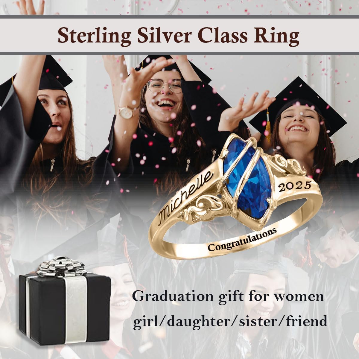 Personalized Custom Class Ring 2025 Sterling Silver High School Graduation Ring and College Class Ring Class of 2025 Ring Graduation Jewelry Gifts for Women Back to School Jewelry