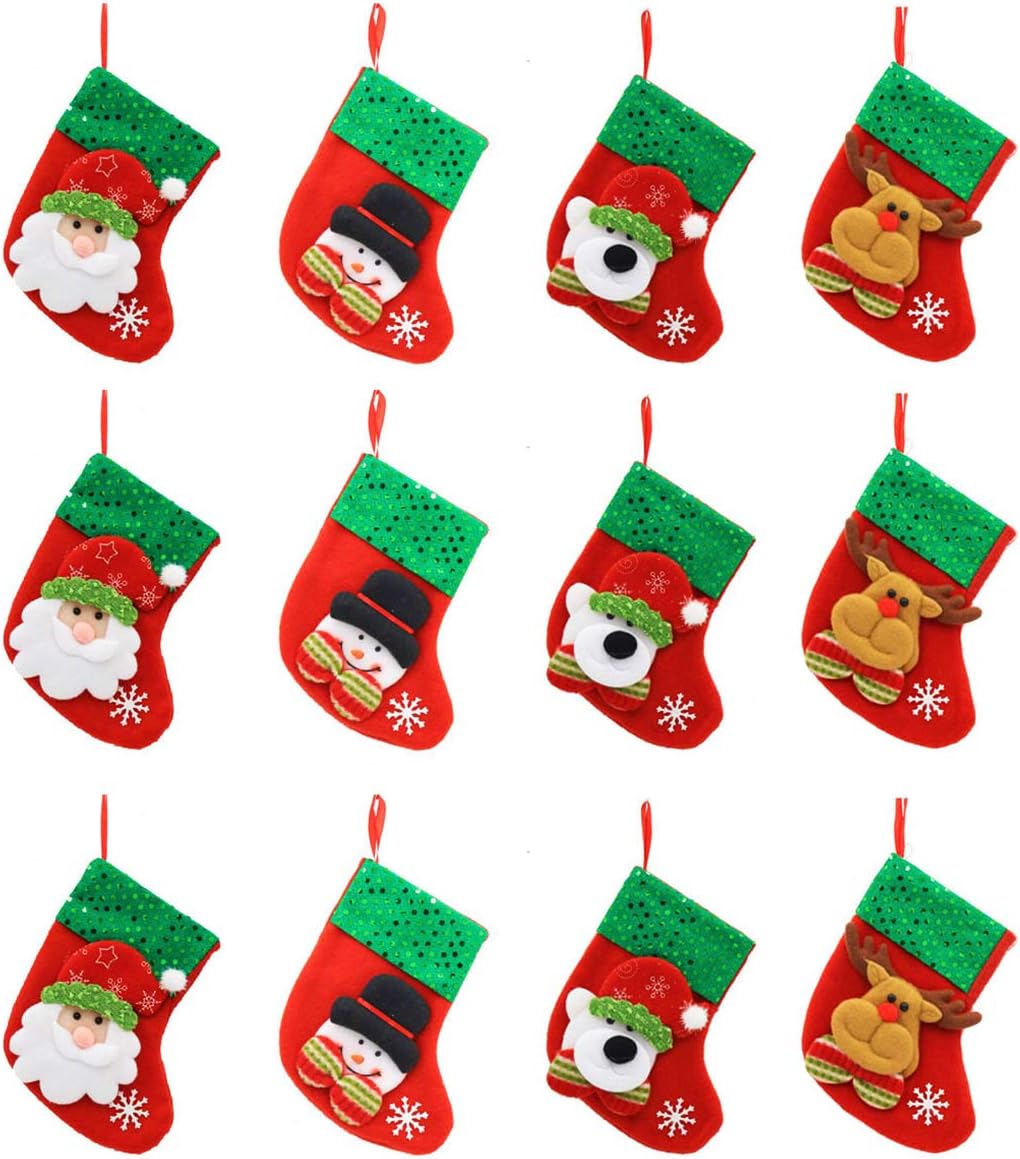 LYNKO 12pcs Mini Christmas Stockings Gift Treat Bag - Santa Claus Snowman Elk Bear Pattern Decoration Christmas Tree Gift Holder - Small Rustic Felt Red Xmas Tree Decorations Set
