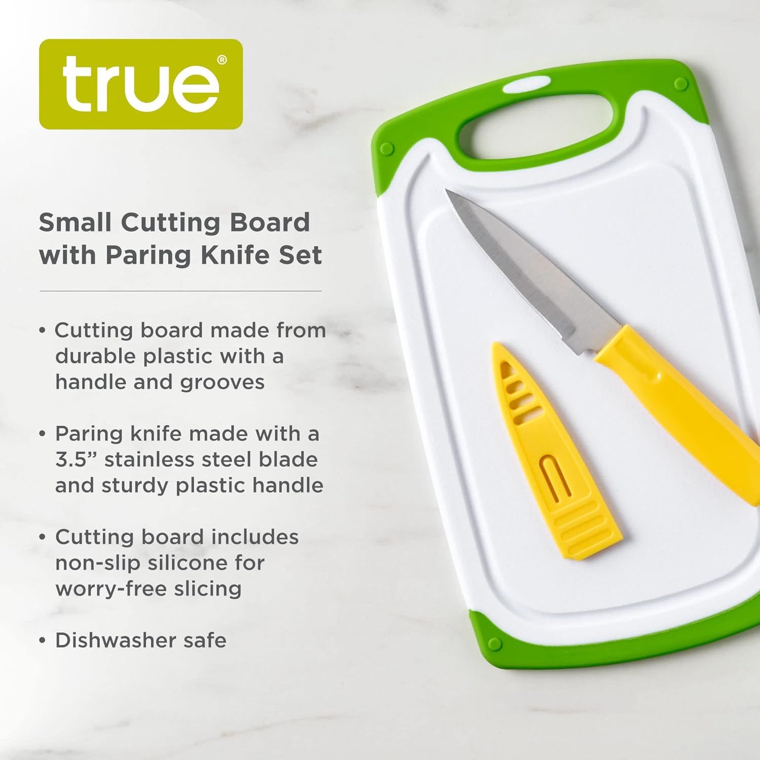 True Small Cutting Board with Stainless Steel Blade Pairing Knife, Non Slip Silicone Grip Plastic Chopping Boards and Knives for Prepping Fruits, Vegetables, Cocktail Ganishes. 2-Piece Set