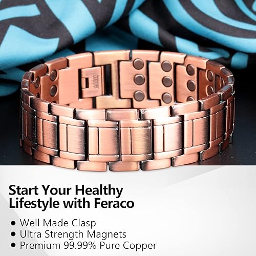 Miniatura 4 de Feraco Pulsera ancha de cobre ultra fuerte para hombre, pulseras magnéticas para hombres con imanes de neodimio, brazalete de cobre puro, ajustable