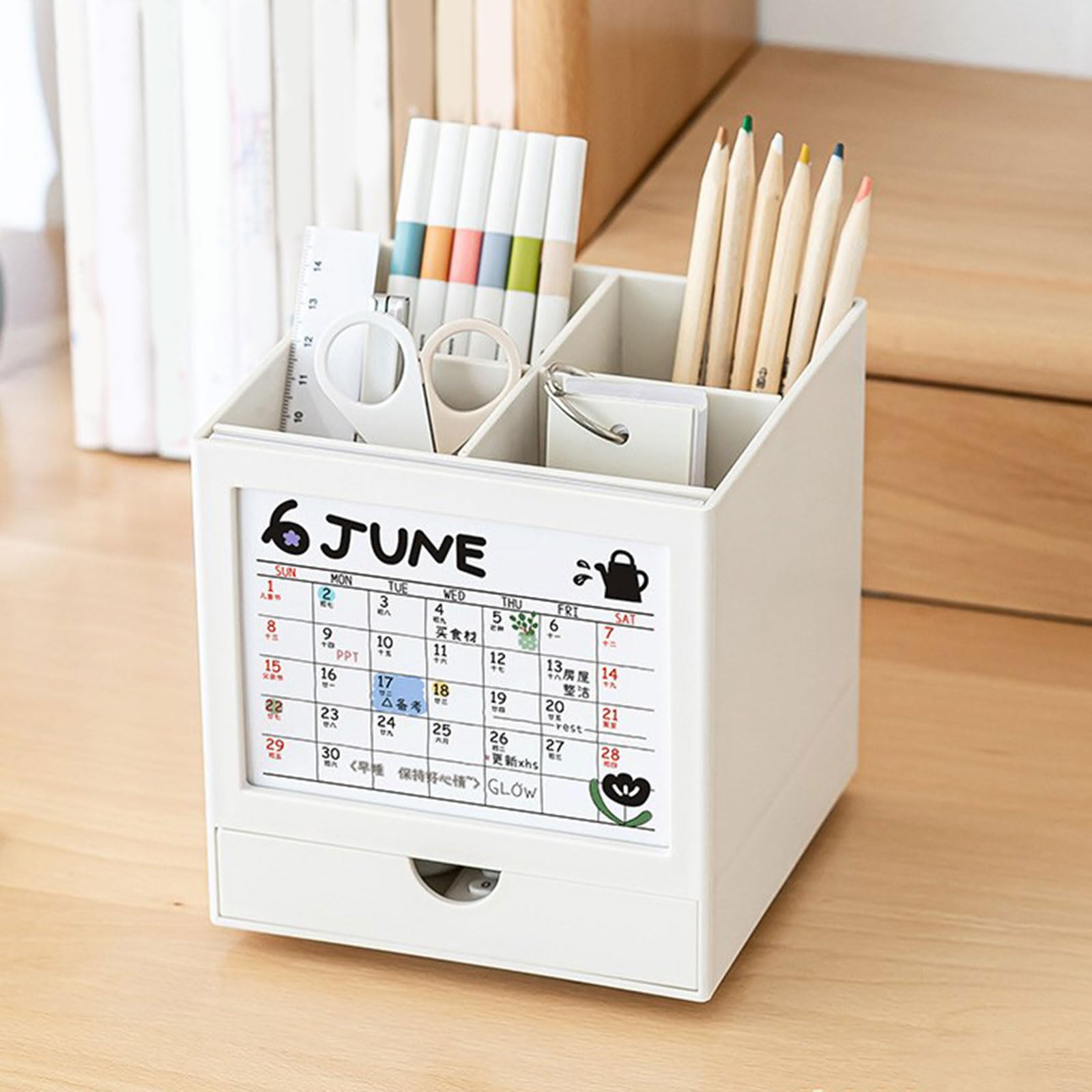 Organizzatori multiuso per penne con calendario 2025 e cassetto portapenne da scrivania a 4 scomparti organizer per matite rotanti per studenti insegnanti uso ufficio