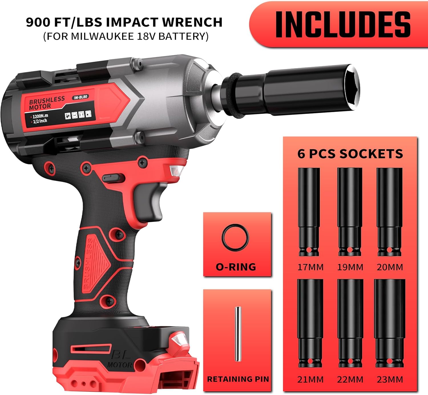 1200N.m Impact Wrench for Milwaukee 18V Battery (no battery), 1/2” Cordless Impact Gun, 900Ft-lbs Electric Impact Driver with 3-Speed Control, 6 Pcs Impact Sockets Included, Tool Only